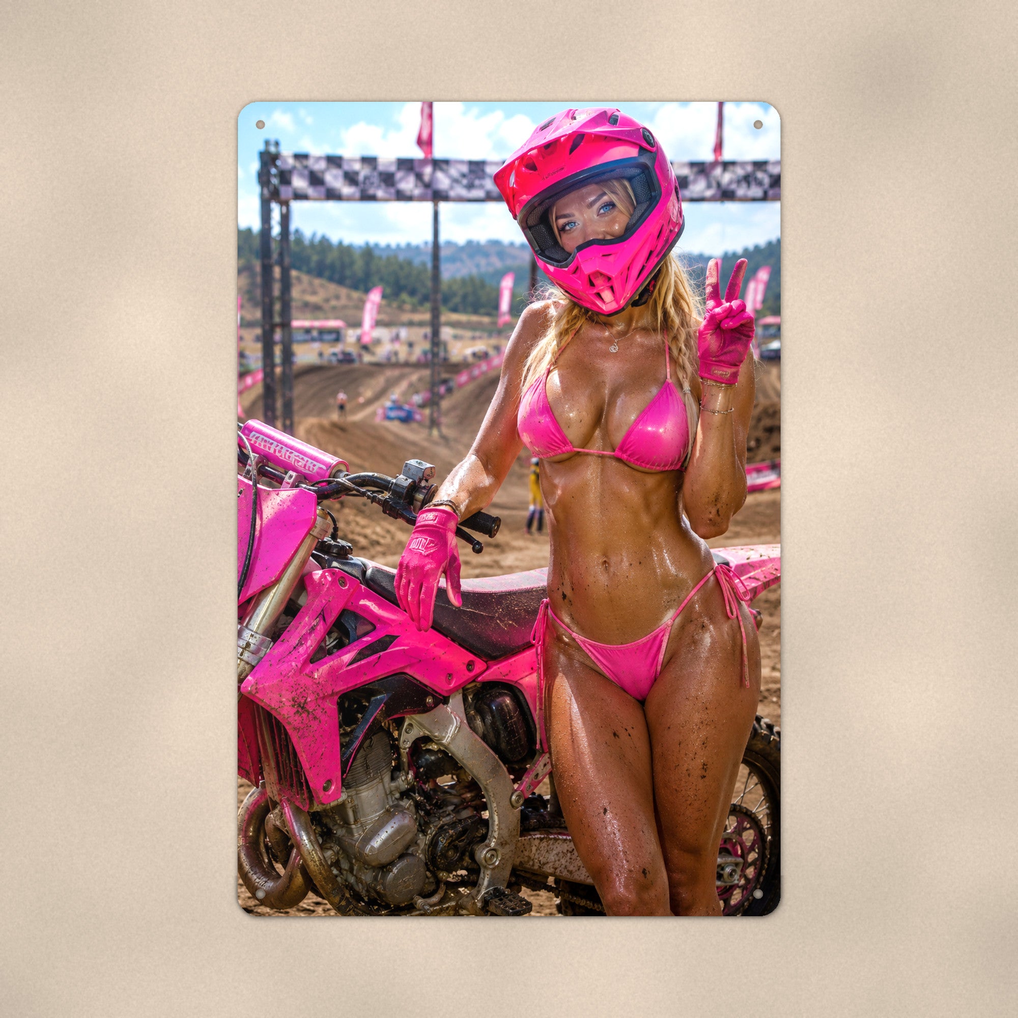 Rider giving a peace sign at the track Metal Wall Art, Aluminum Sign, Retro Pinup Wall Decor, Vintage Pin-Up Gift
