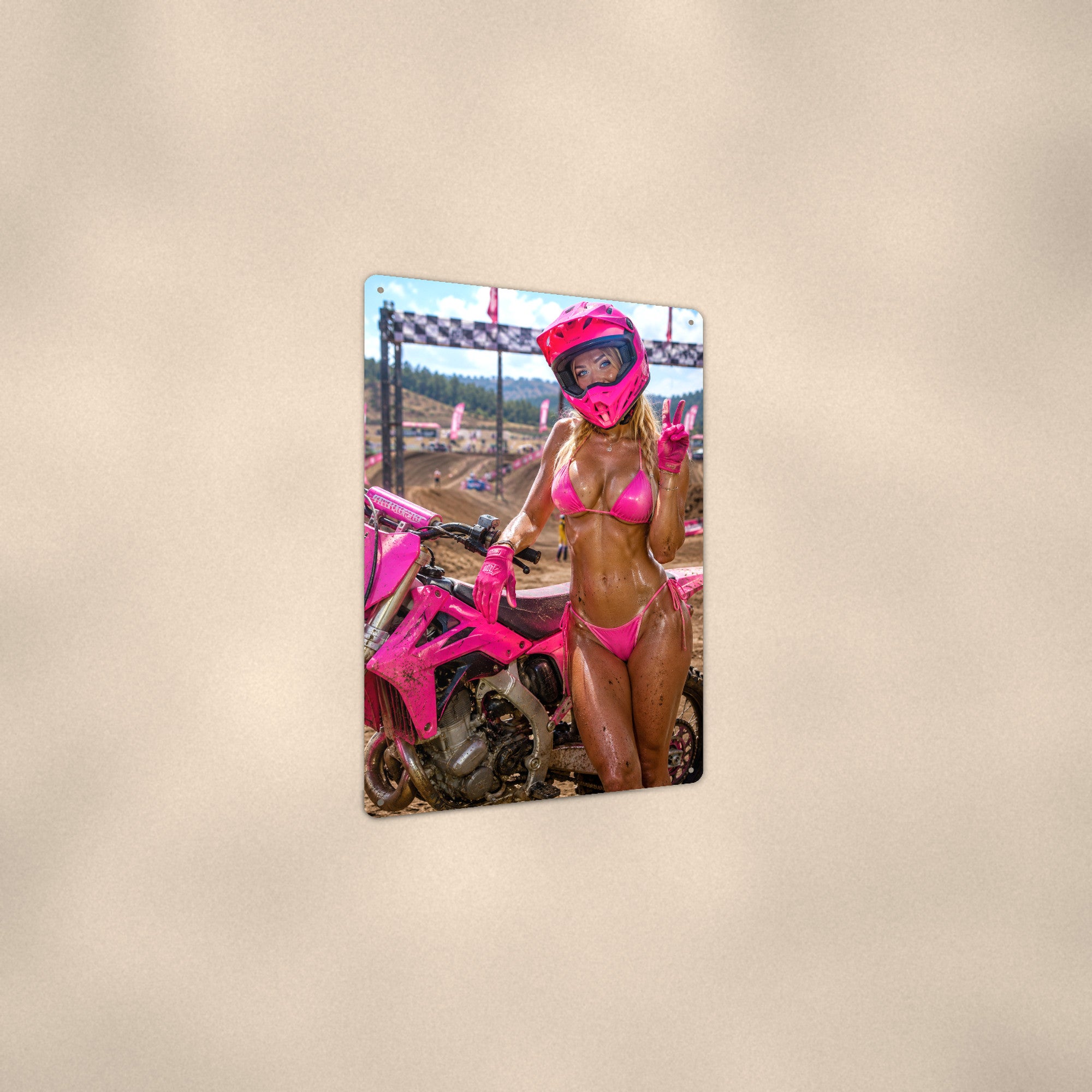 Rider giving a peace sign at the track Metal Wall Art, Aluminum Sign, Retro Pinup Wall Decor, Vintage Pin-Up Gift