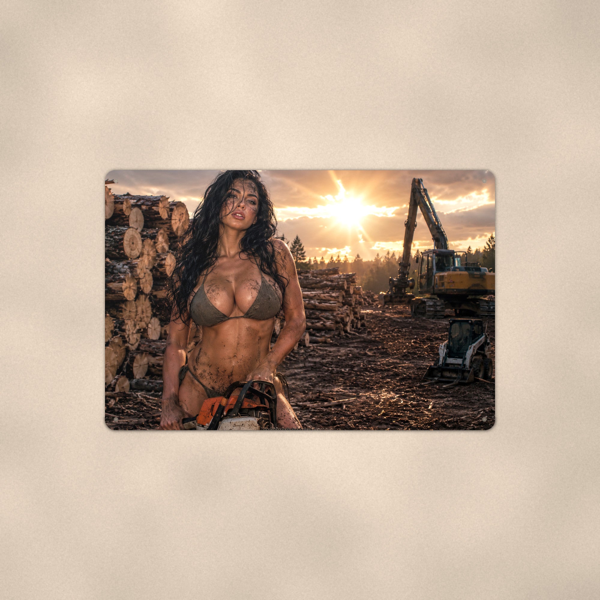 Muddy woodcutter at the logging site Metal Wall Art, Aluminum Sign, Retro Pinup Wall Decor, Vintage Pin-Up Gift