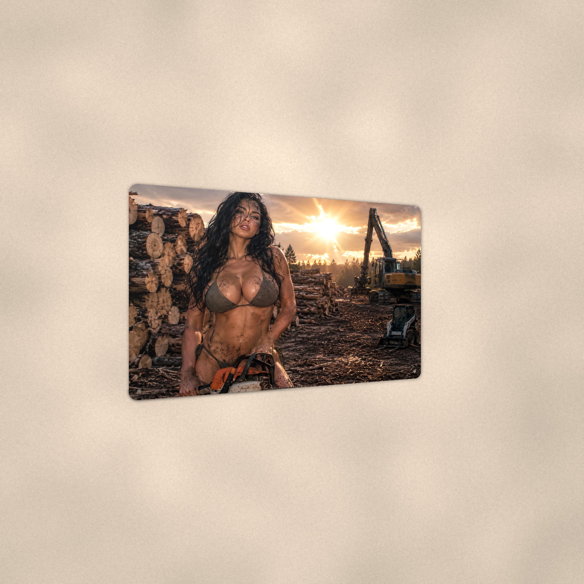 Muddy woodcutter at the logging site Metal Wall Art, Aluminum Sign, Retro Pinup Wall Decor, Vintage Pin-Up Gift