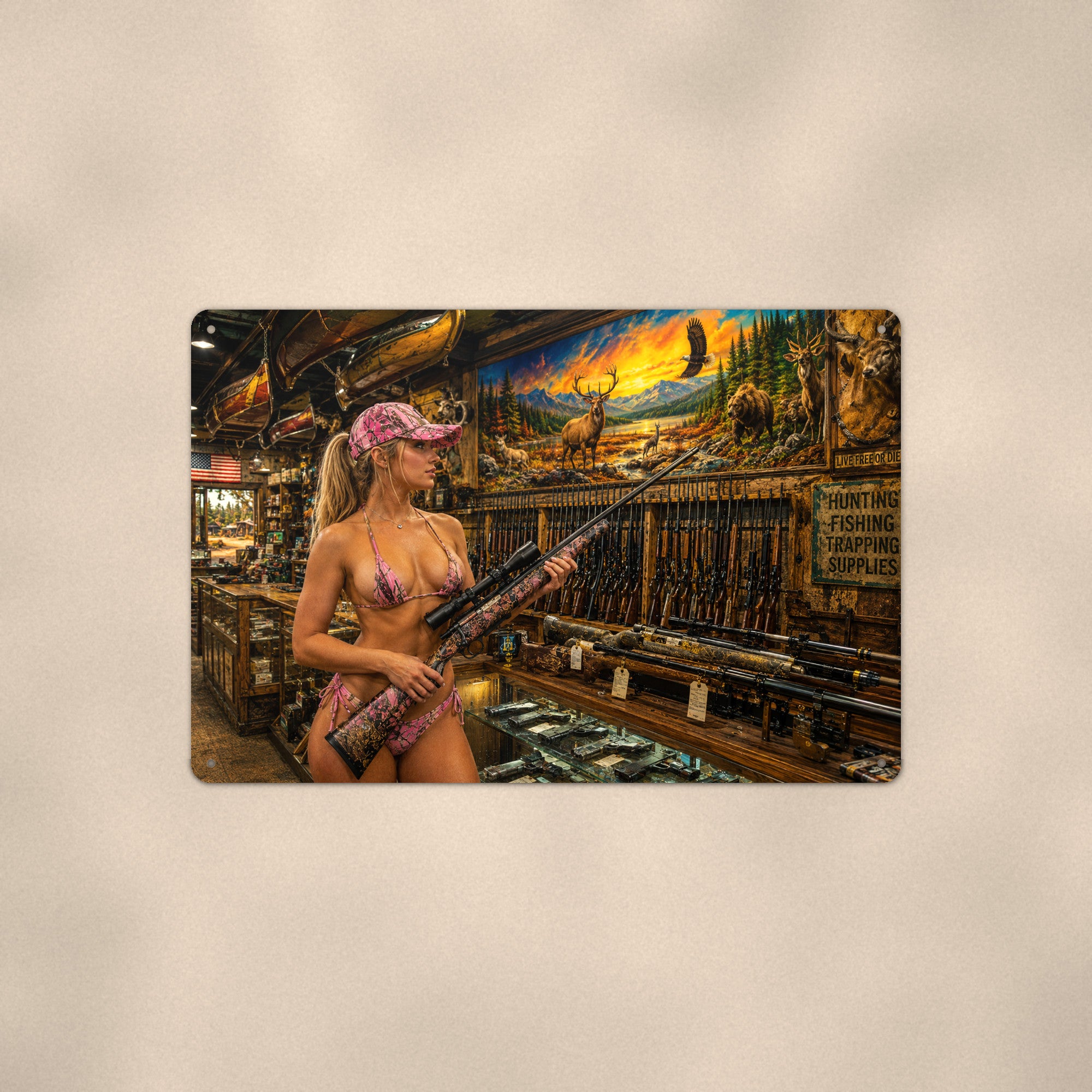 Shopper at the hunting supply counter Metal Wall Art, Aluminum Sign, Retro Pinup Wall Decor, Vintage Pin-Up Gift
