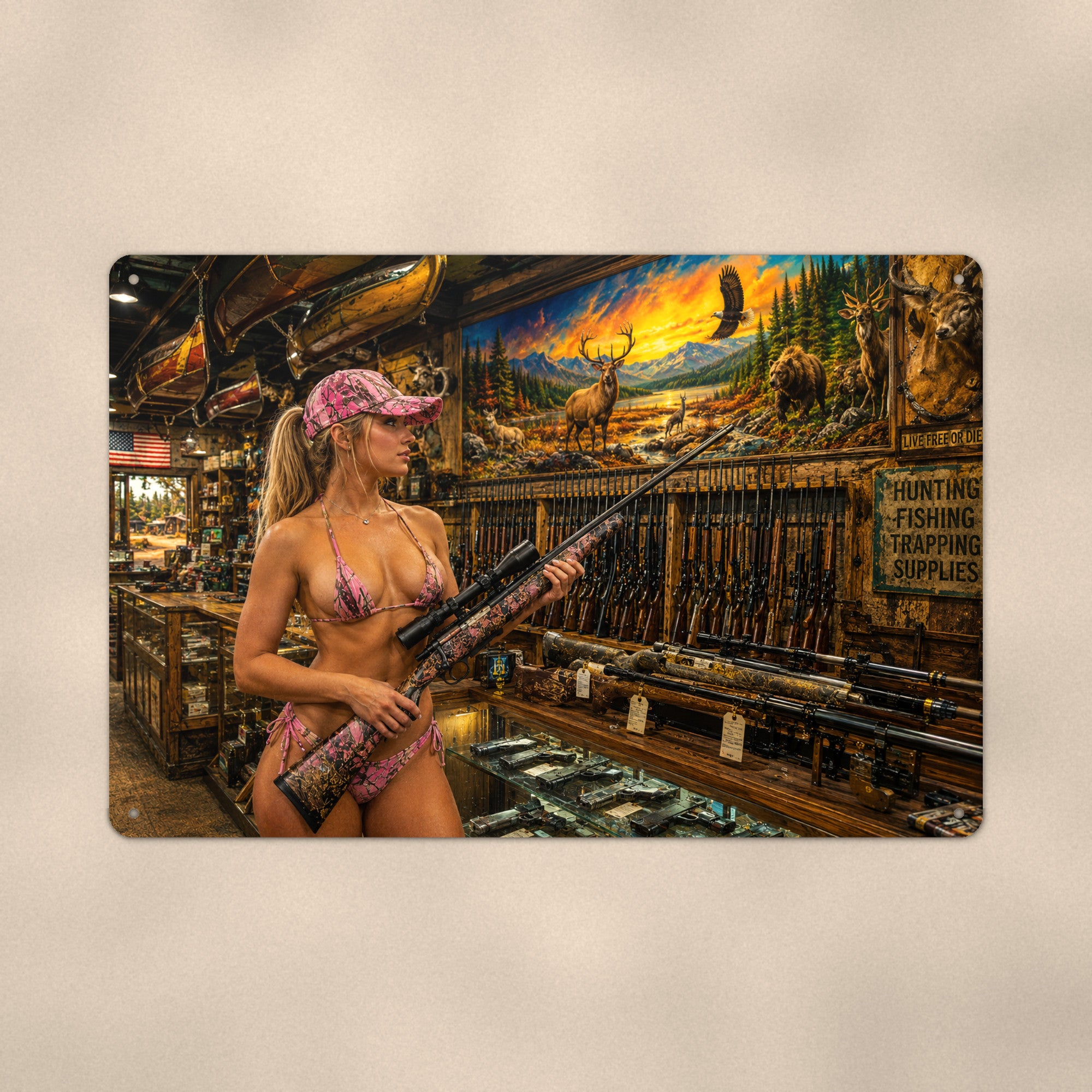 Shopper at the hunting supply counter Metal Wall Art, Aluminum Sign, Retro Pinup Wall Decor, Vintage Pin-Up Gift