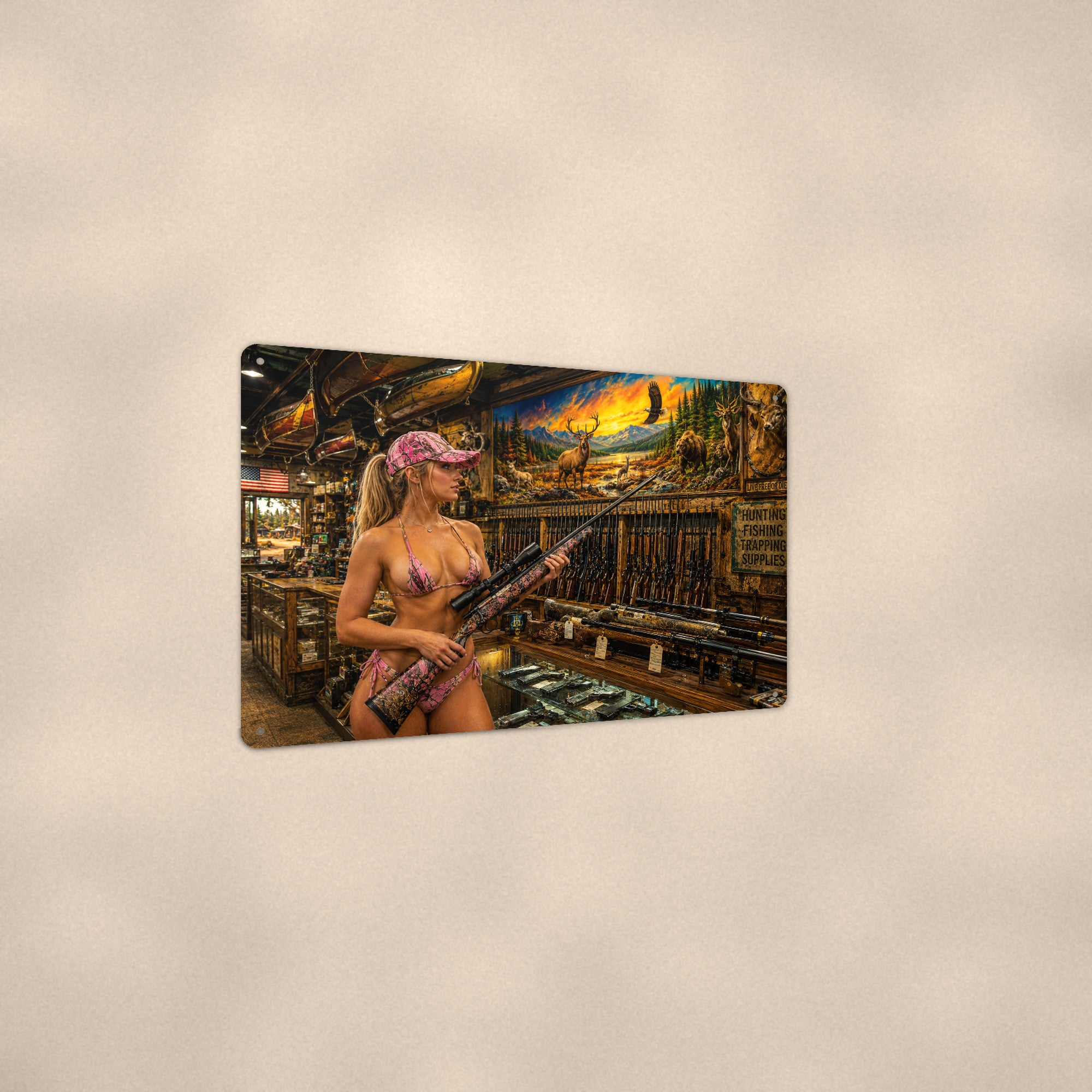 Shopper at the hunting supply counter Metal Wall Art, Aluminum Sign, Retro Pinup Wall Decor, Vintage Pin-Up Gift