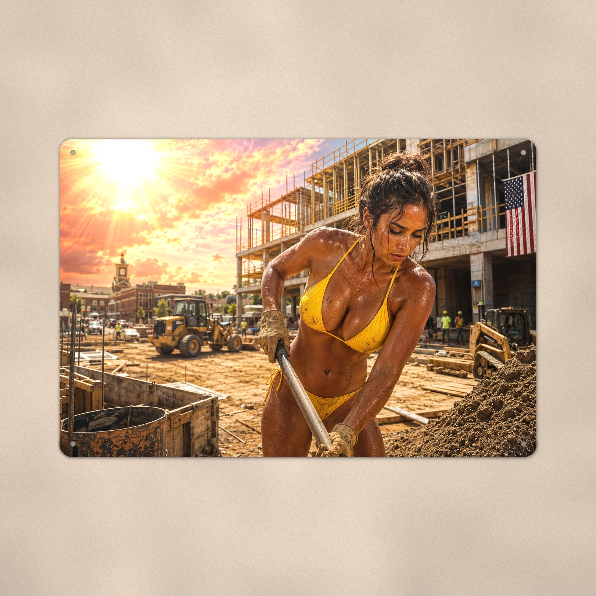 Worker with a pry bar at a downtown concrete pour Metal Wall Art, Aluminum Sign, Retro Pinup Wall Decor, Vintage Pin-Up Gift