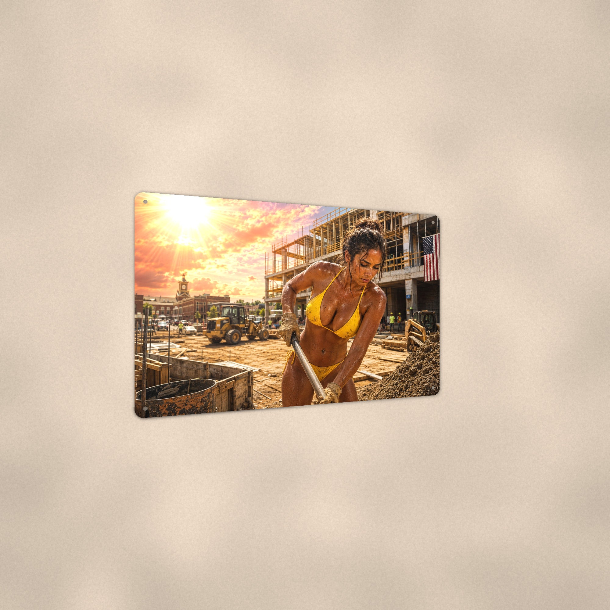Worker with a pry bar at a downtown concrete pour Metal Wall Art, Aluminum Sign, Retro Pinup Wall Decor, Vintage Pin-Up Gift