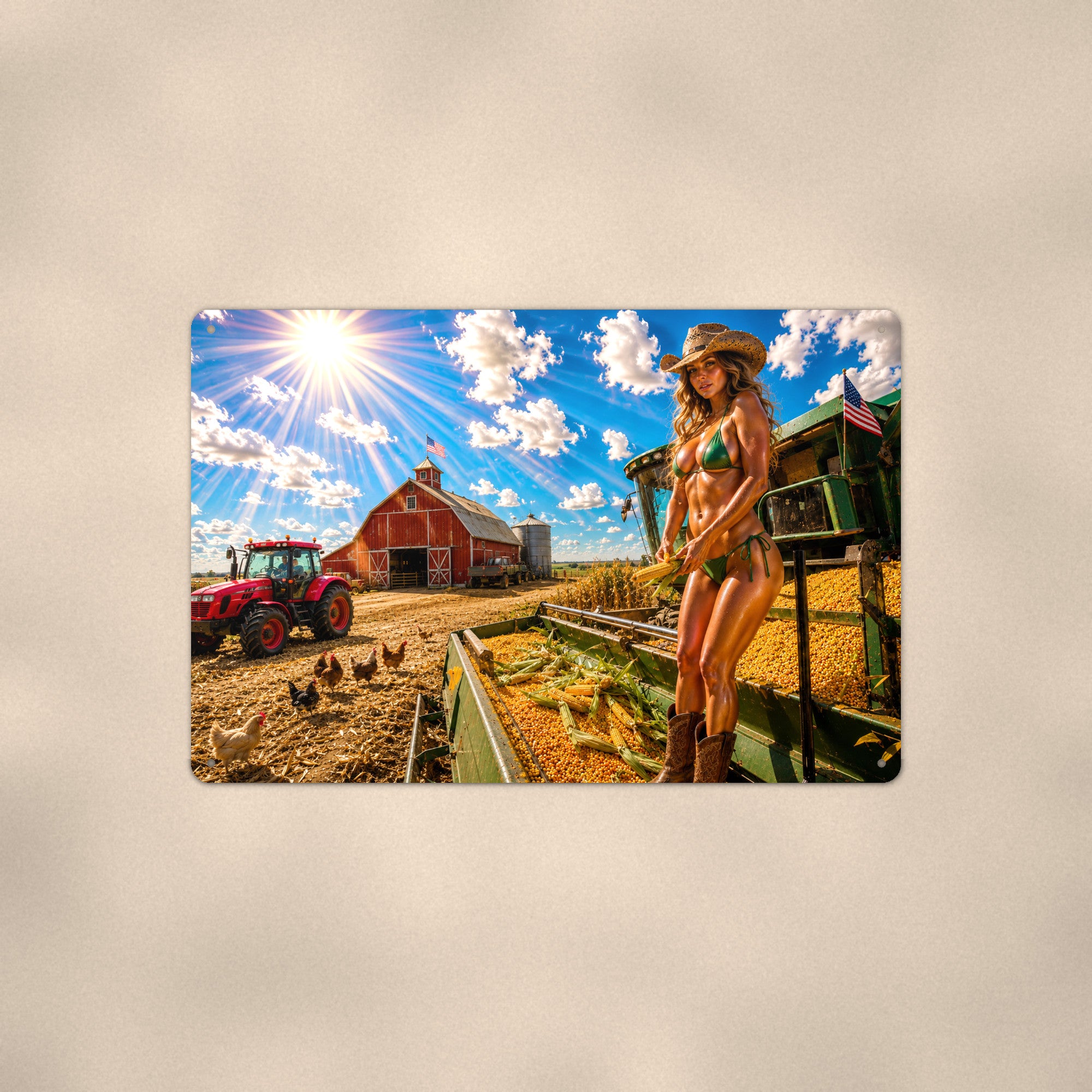 Cowgirl standing in the corn harvester's trailer Metal Wall Art, Aluminum Sign, Retro Pinup Wall Decor, Vintage Pin-Up Gift