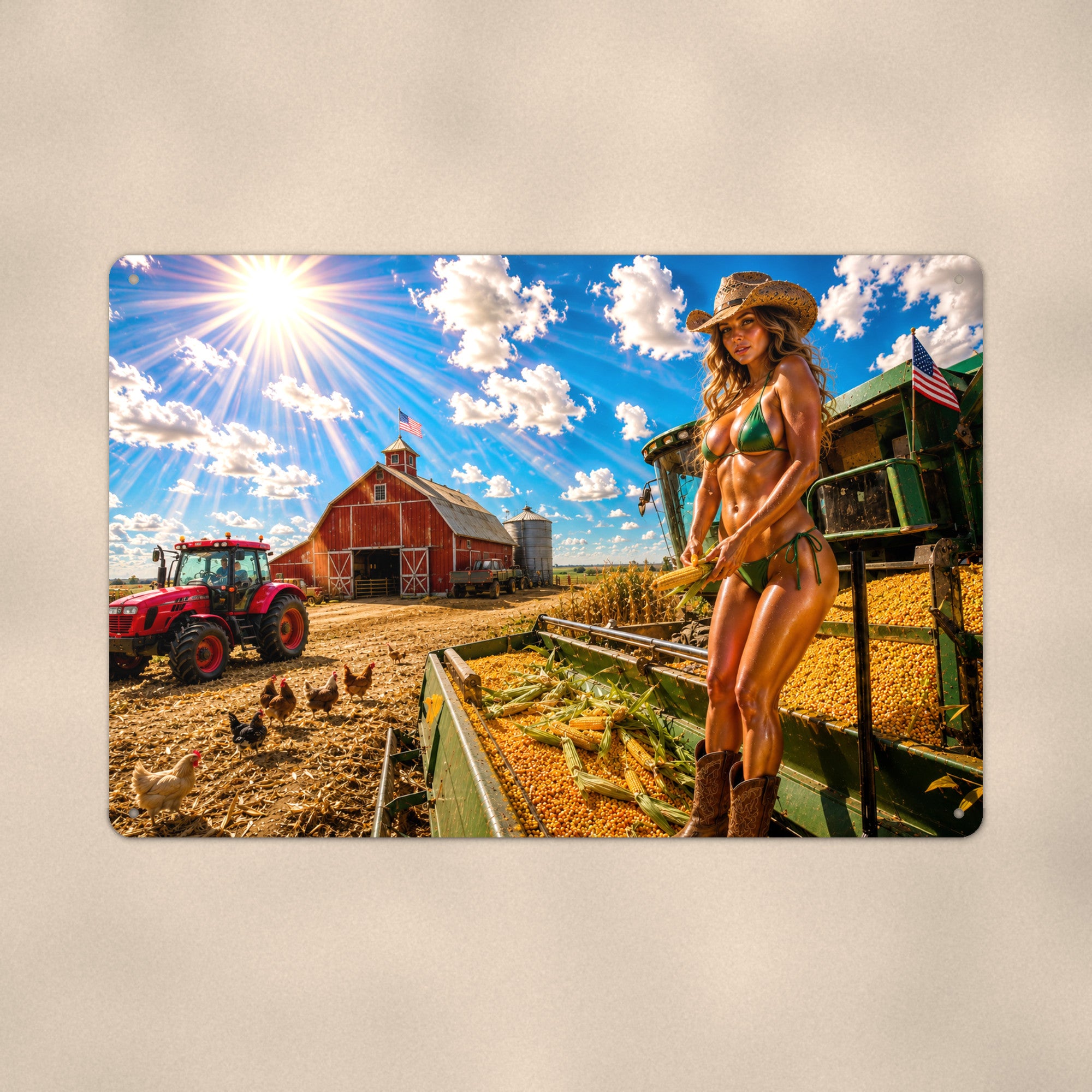 Cowgirl standing in the corn harvester's trailer Metal Wall Art, Aluminum Sign, Retro Pinup Wall Decor, Vintage Pin-Up Gift