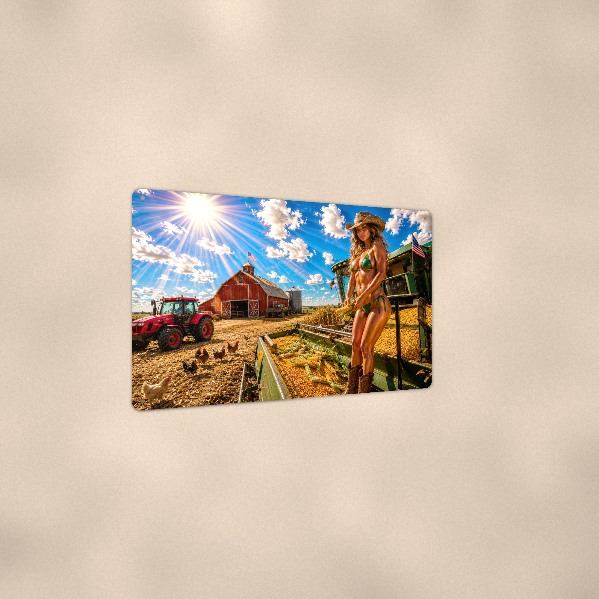 Cowgirl standing in the corn harvester's trailer Metal Wall Art, Aluminum Sign, Retro Pinup Wall Decor, Vintage Pin-Up Gift