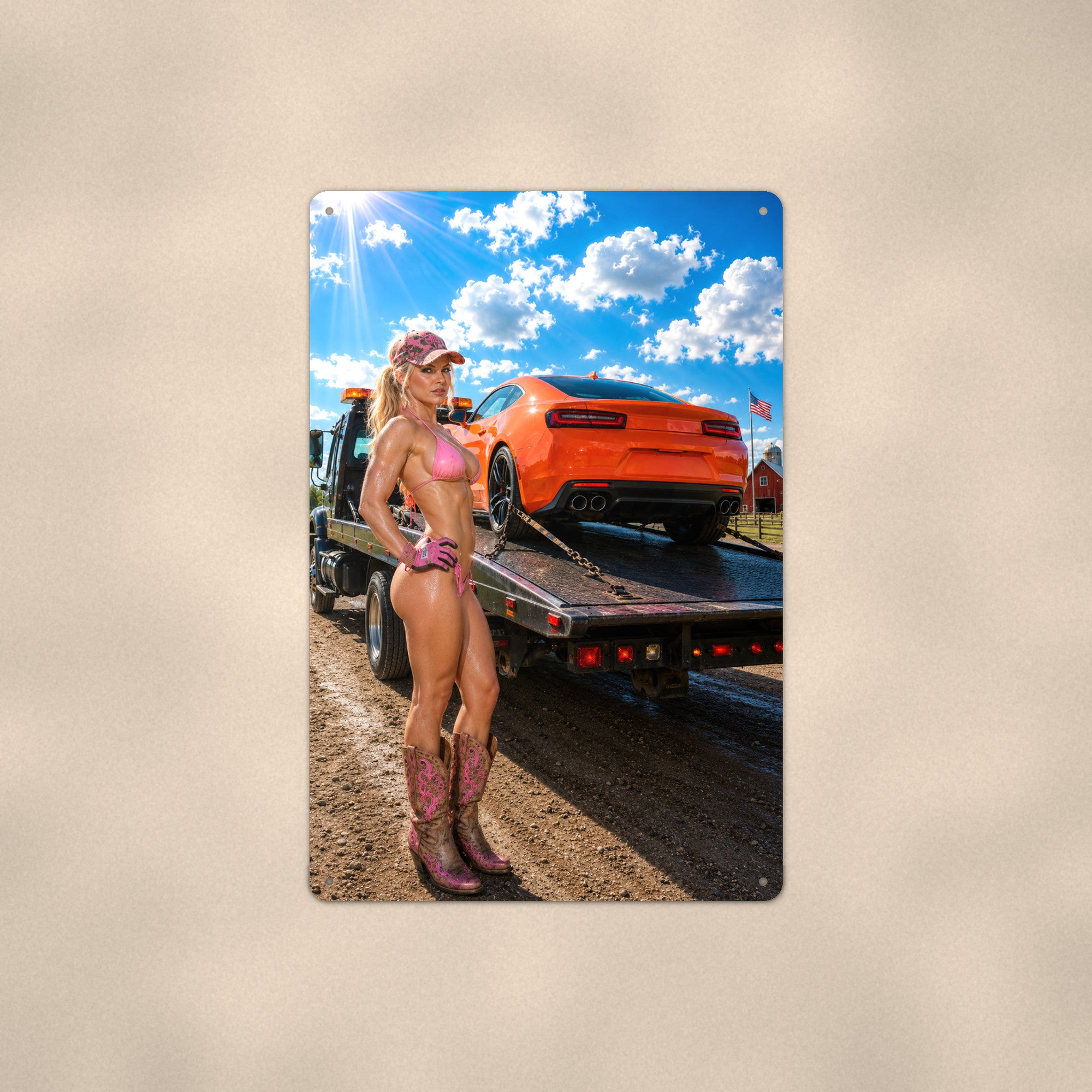Flatbed rider with a sports coupe Metal Wall Art, Aluminum Sign, Retro Pinup Wall Decor, Vintage Pin-Up Gift