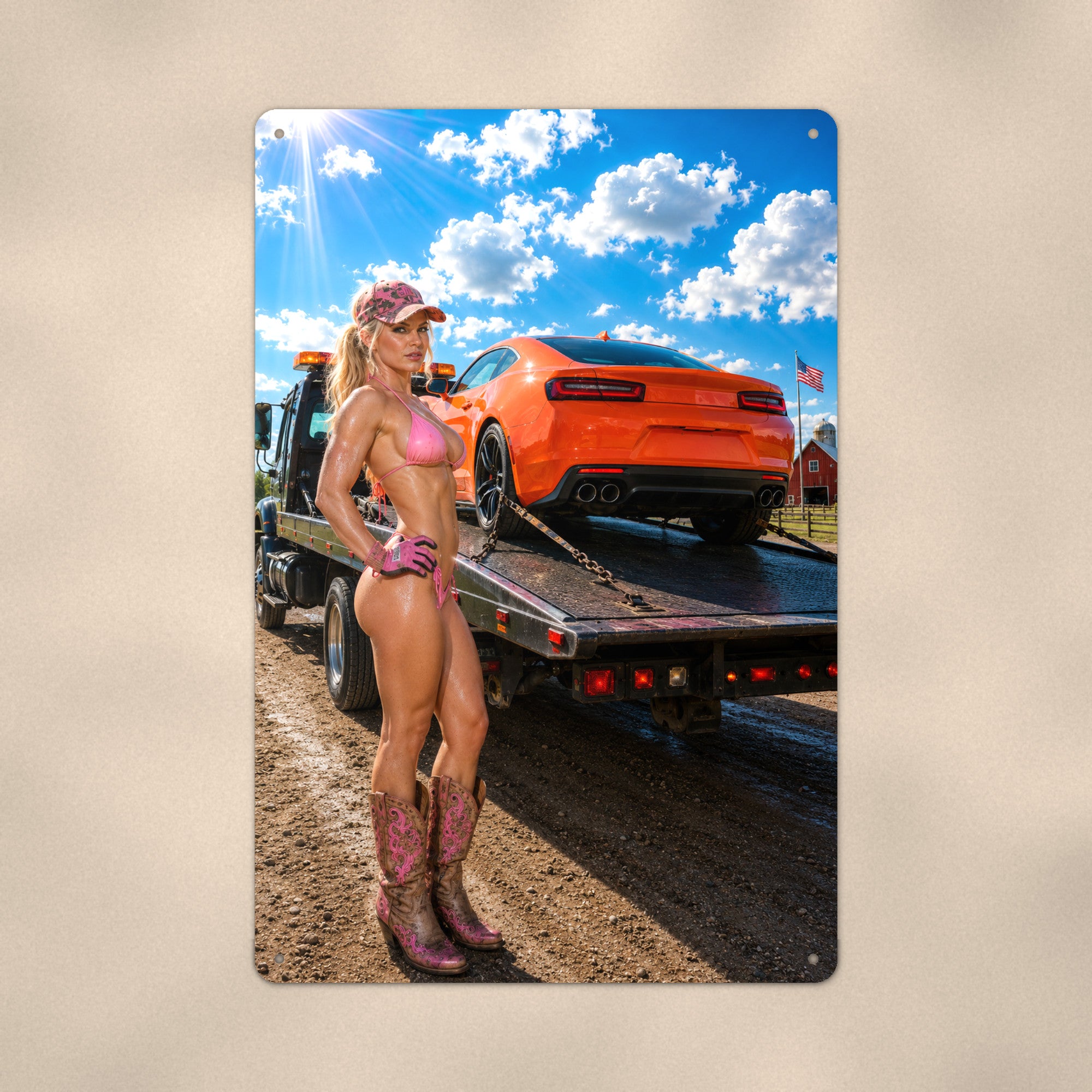 Flatbed rider with a sports coupe Metal Wall Art, Aluminum Sign, Retro Pinup Wall Decor, Vintage Pin-Up Gift