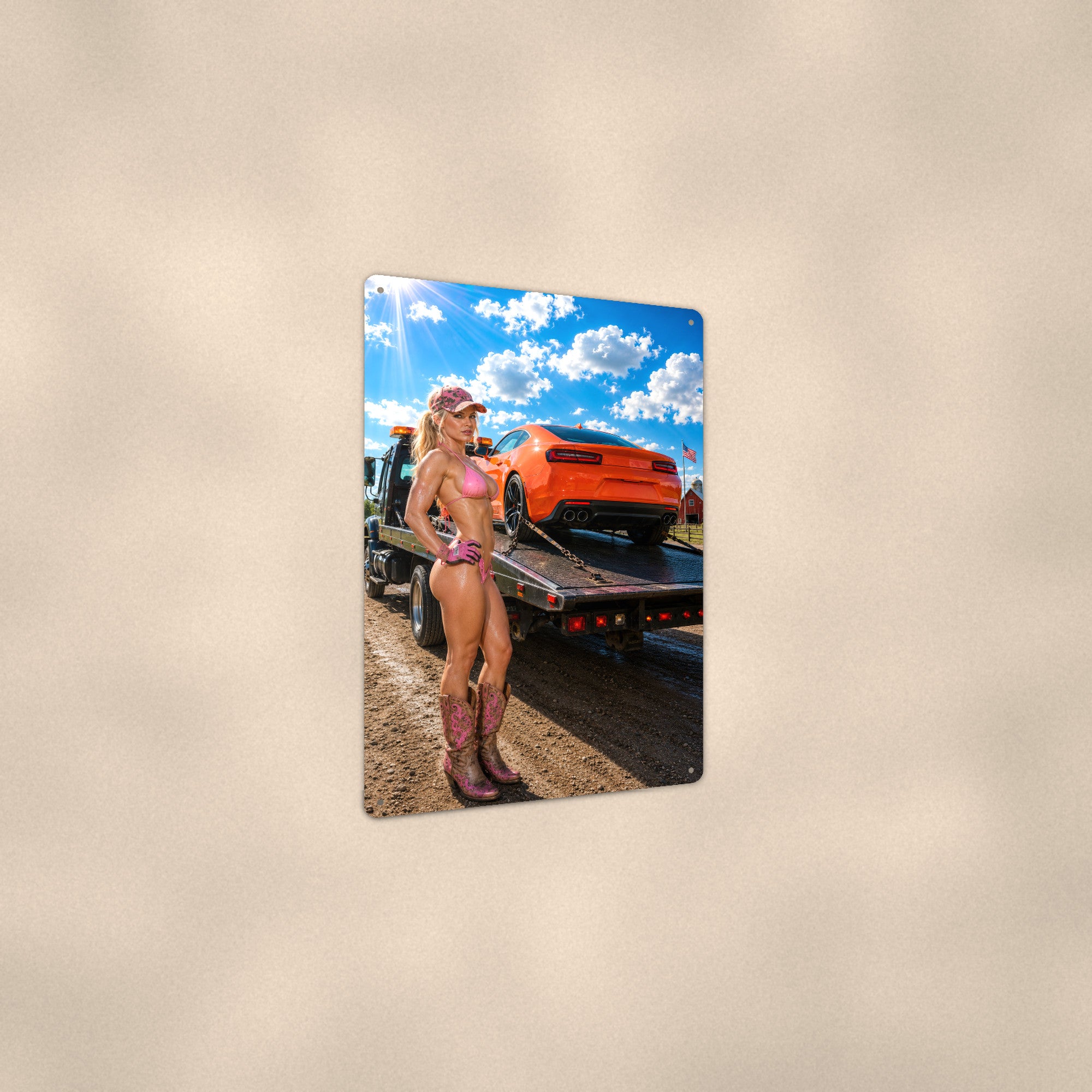 Flatbed rider with a sports coupe Metal Wall Art, Aluminum Sign, Retro Pinup Wall Decor, Vintage Pin-Up Gift