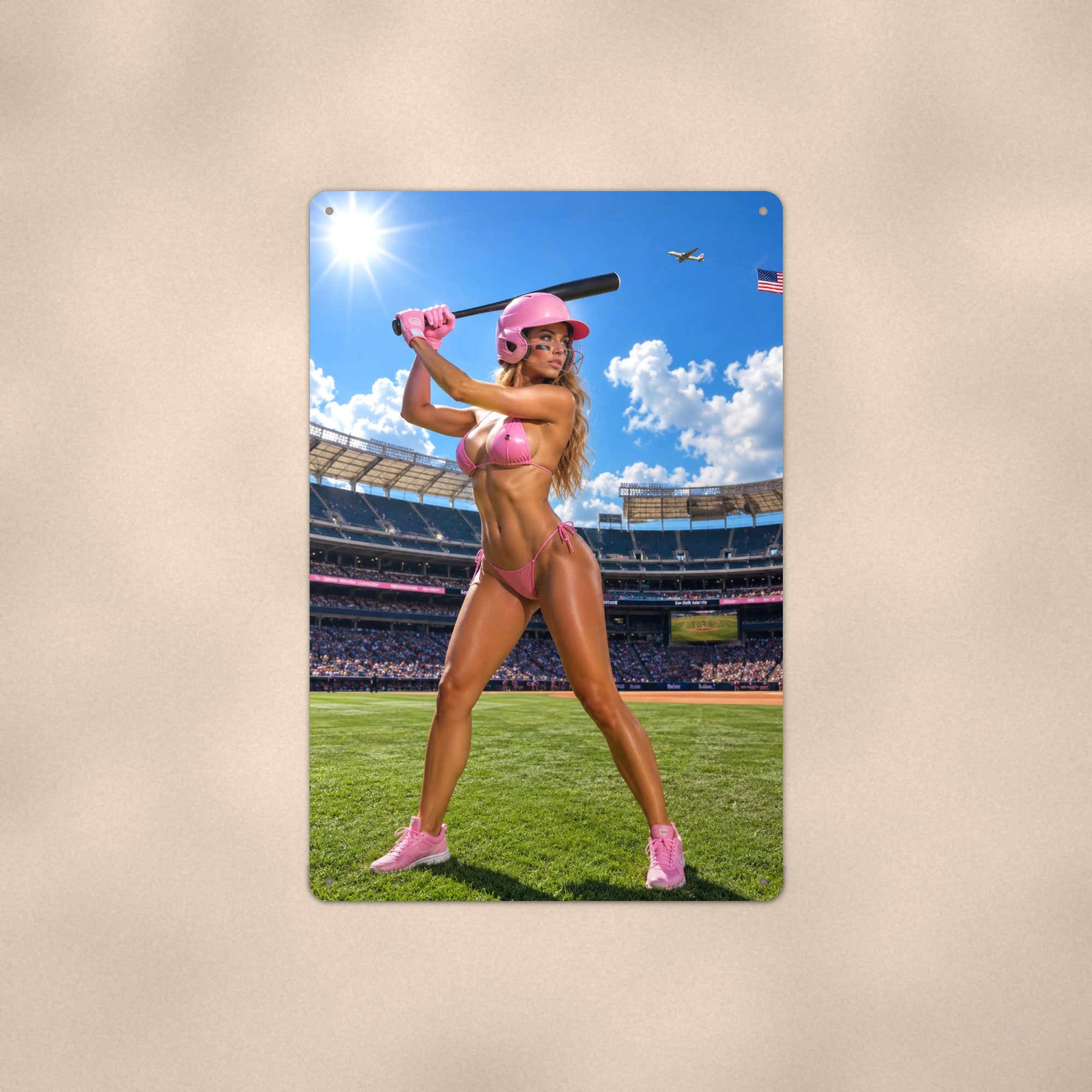 Batter gripping the bat at home plate, flag overhead Metal Wall Art, Aluminum Sign, Retro Pinup Wall Decor, Vintage Pin-Up Gift