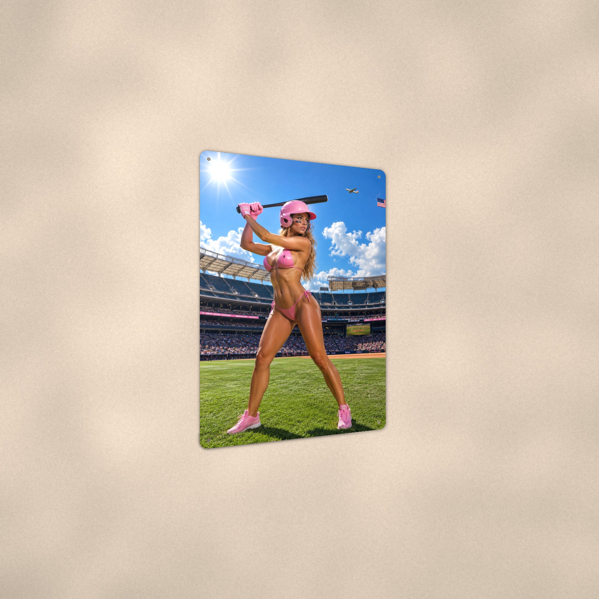 Batter gripping the bat at home plate, flag overhead Metal Wall Art, Aluminum Sign, Retro Pinup Wall Decor, Vintage Pin-Up Gift