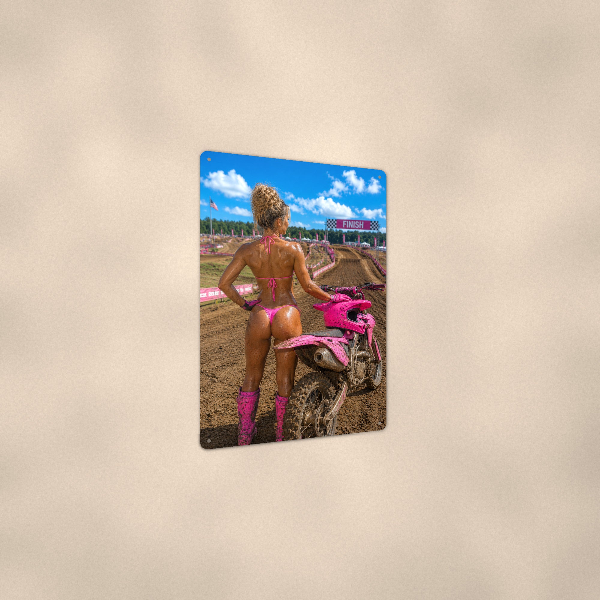 Rider posing at the finish line banner Metal Wall Art, Aluminum Sign, Retro Pinup Wall Decor, Vintage Pin-Up Gift