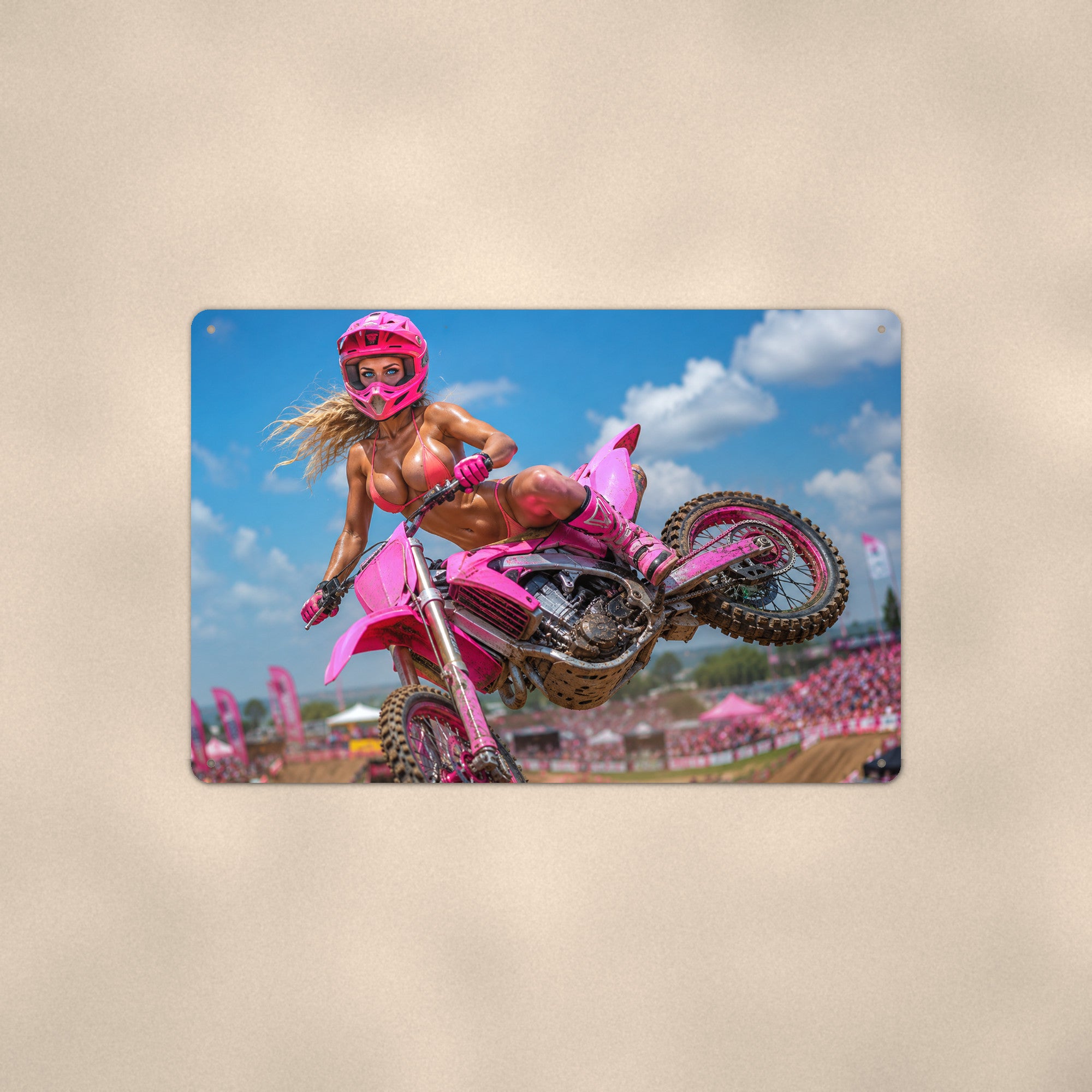 Rider airborne off a dirt track jump Metal Wall Art, Aluminum Sign, Retro Pinup Wall Decor, Vintage Pin-Up Gift