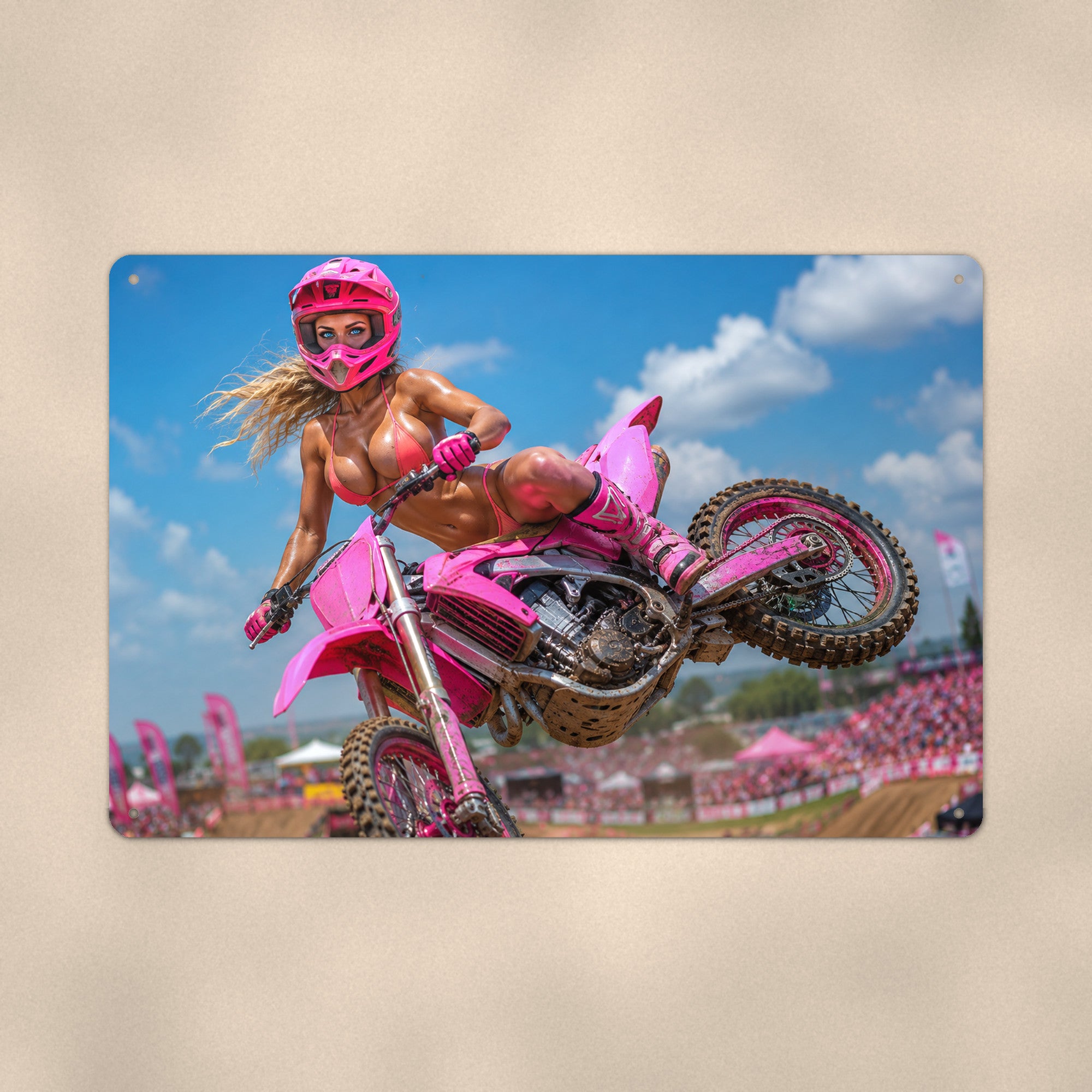 Rider airborne off a dirt track jump Metal Wall Art, Aluminum Sign, Retro Pinup Wall Decor, Vintage Pin-Up Gift