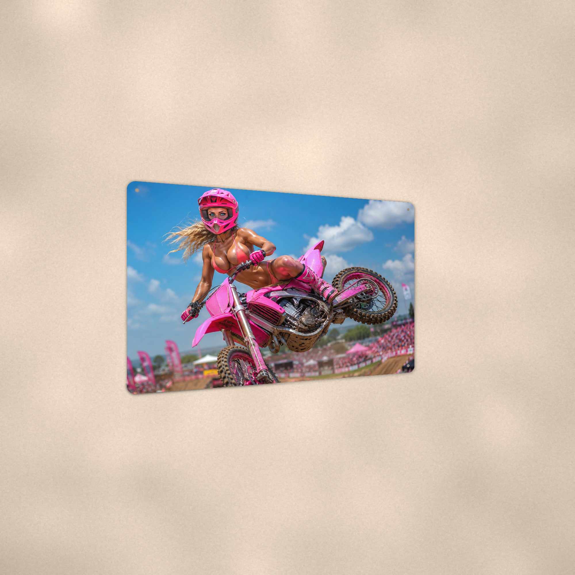 Rider airborne off a dirt track jump Metal Wall Art, Aluminum Sign, Retro Pinup Wall Decor, Vintage Pin-Up Gift