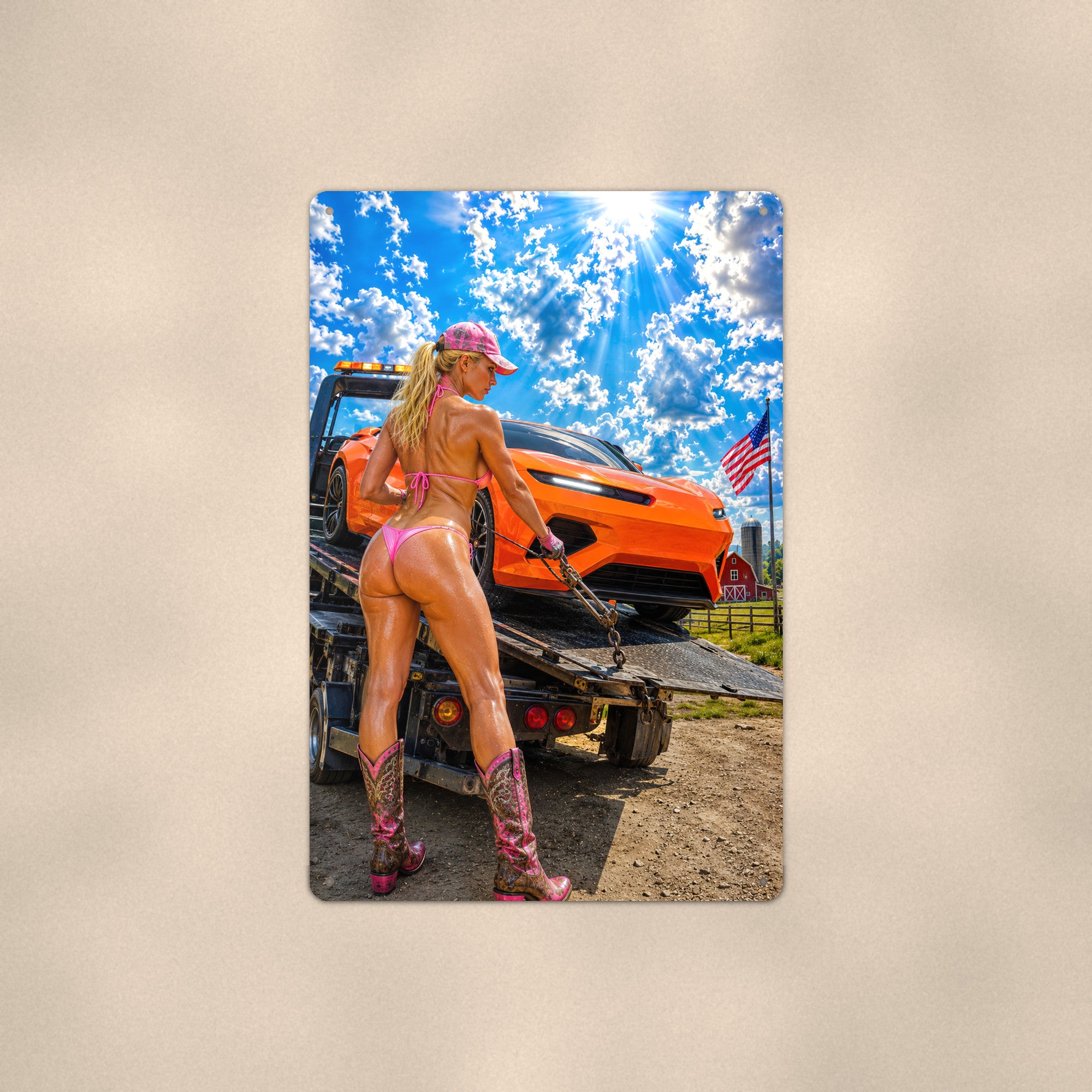 Flatbed rider chaining down a sports car Metal Wall Art, Aluminum Sign, Retro Pinup Wall Decor, Vintage Pin-Up Gift
