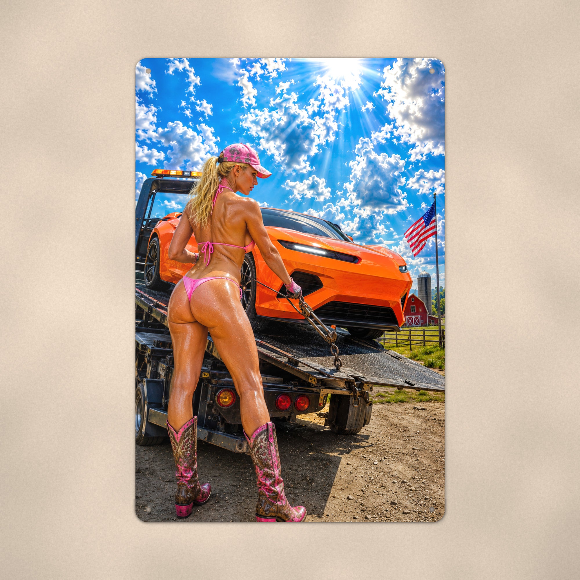 Flatbed rider chaining down a sports car Metal Wall Art, Aluminum Sign, Retro Pinup Wall Decor, Vintage Pin-Up Gift