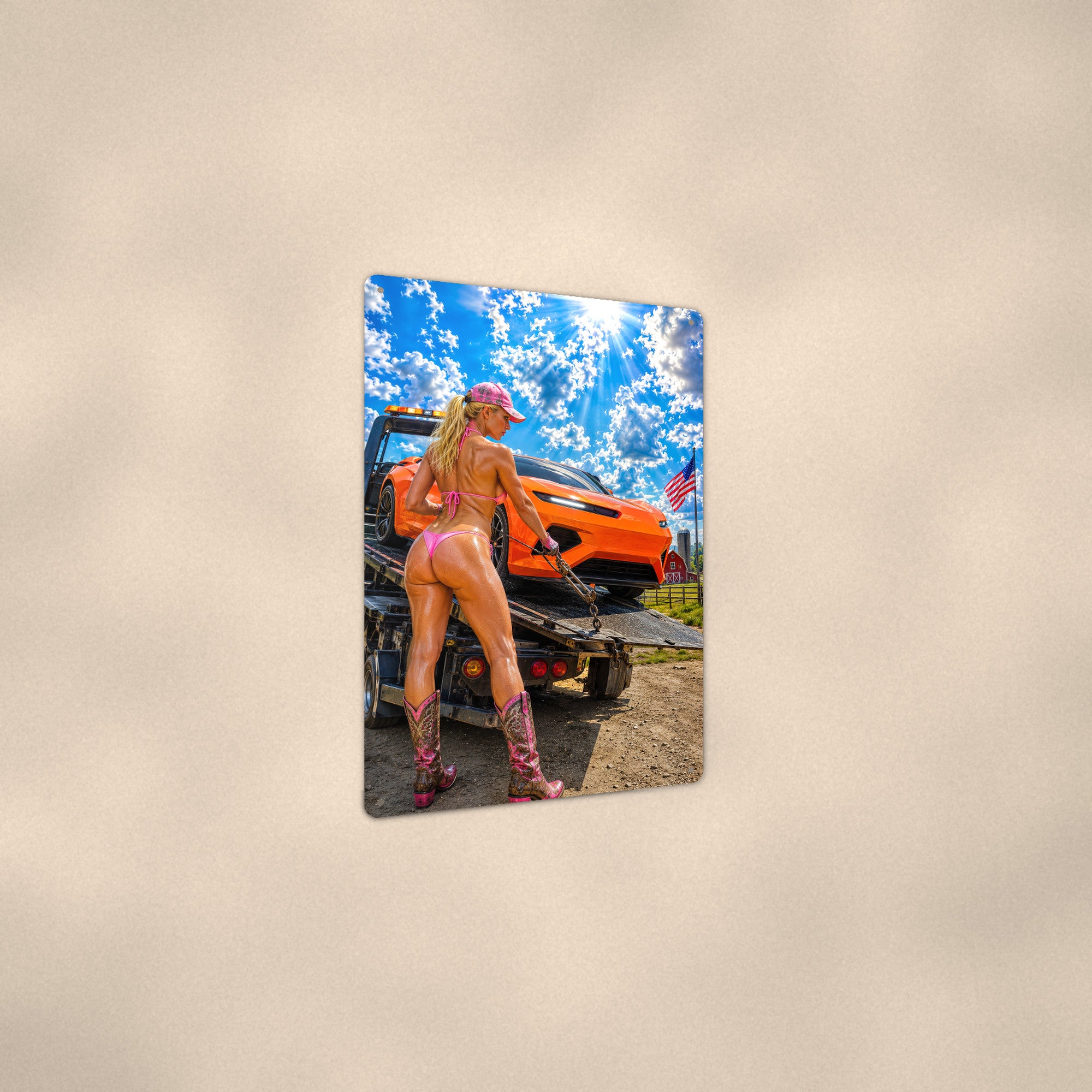 Flatbed rider chaining down a sports car Metal Wall Art, Aluminum Sign, Retro Pinup Wall Decor, Vintage Pin-Up Gift