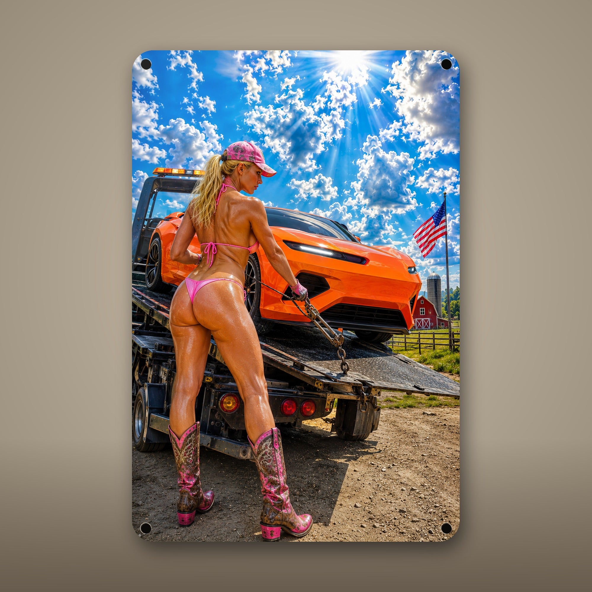Flatbed rider chaining down a sports car Metal Wall Art, Aluminum Sign, Retro Pinup Wall Decor, Vintage Pin-Up Gift