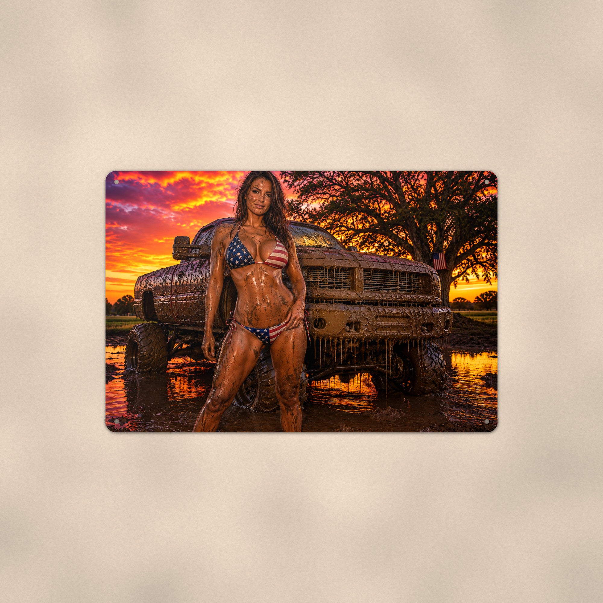Mud-soaked rider before a lifted truck at sunset Metal Wall Art, Aluminum Sign, Retro Pinup Wall Decor, Vintage Pin-Up Gift