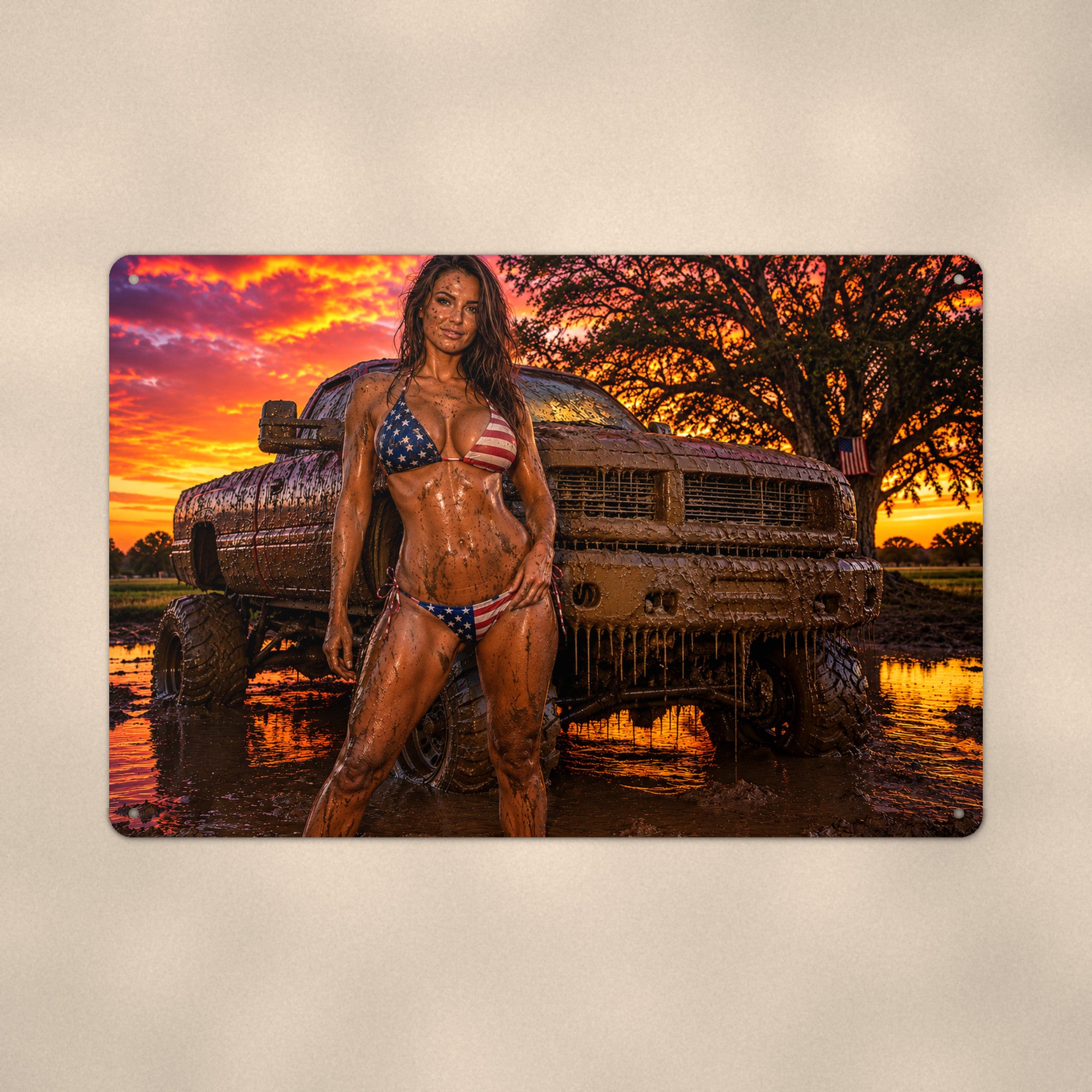 Mud-soaked rider before a lifted truck at sunset Metal Wall Art, Aluminum Sign, Retro Pinup Wall Decor, Vintage Pin-Up Gift