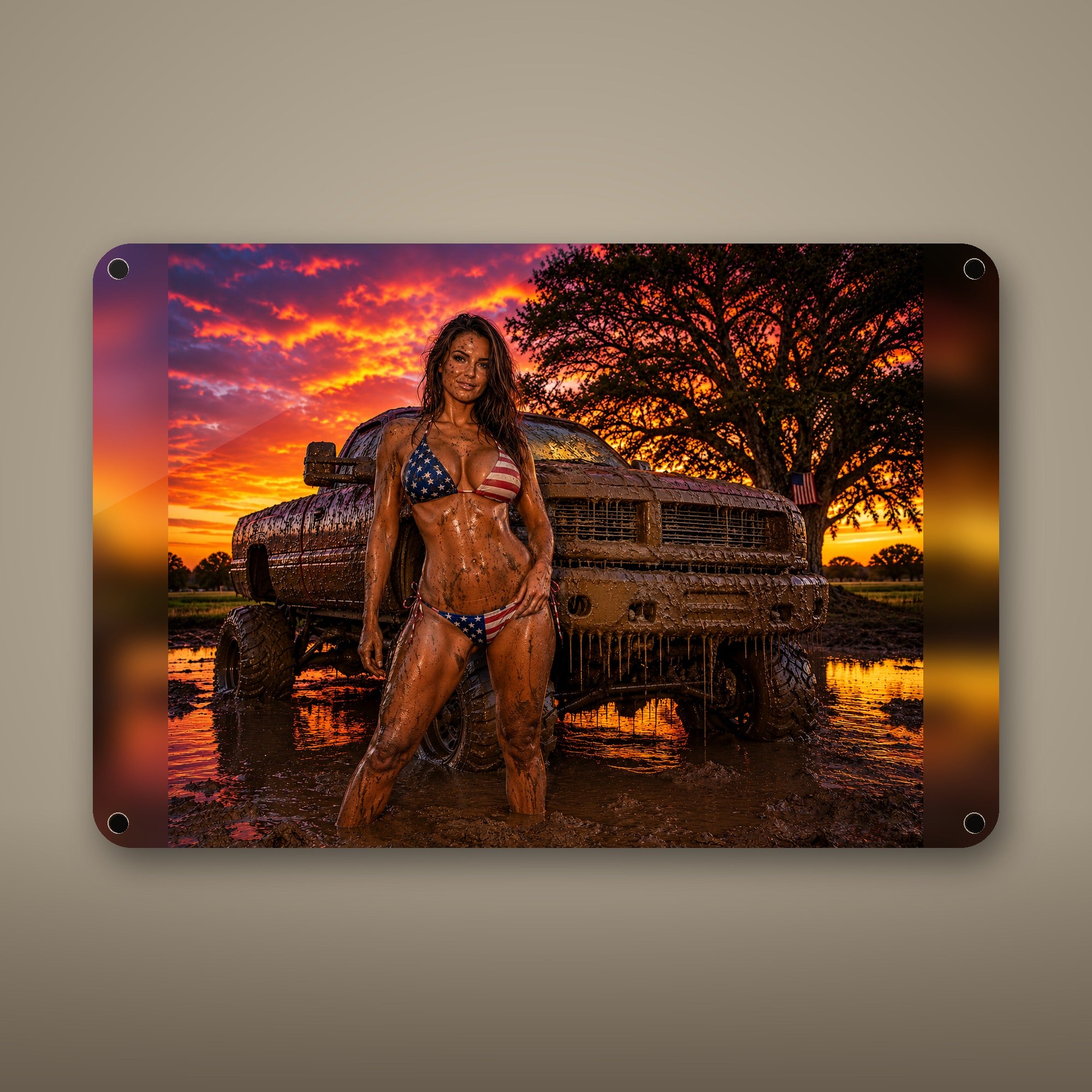 Mud-soaked rider before a lifted truck at sunset Metal Wall Art, Aluminum Sign, Retro Pinup Wall Decor, Vintage Pin-Up Gift