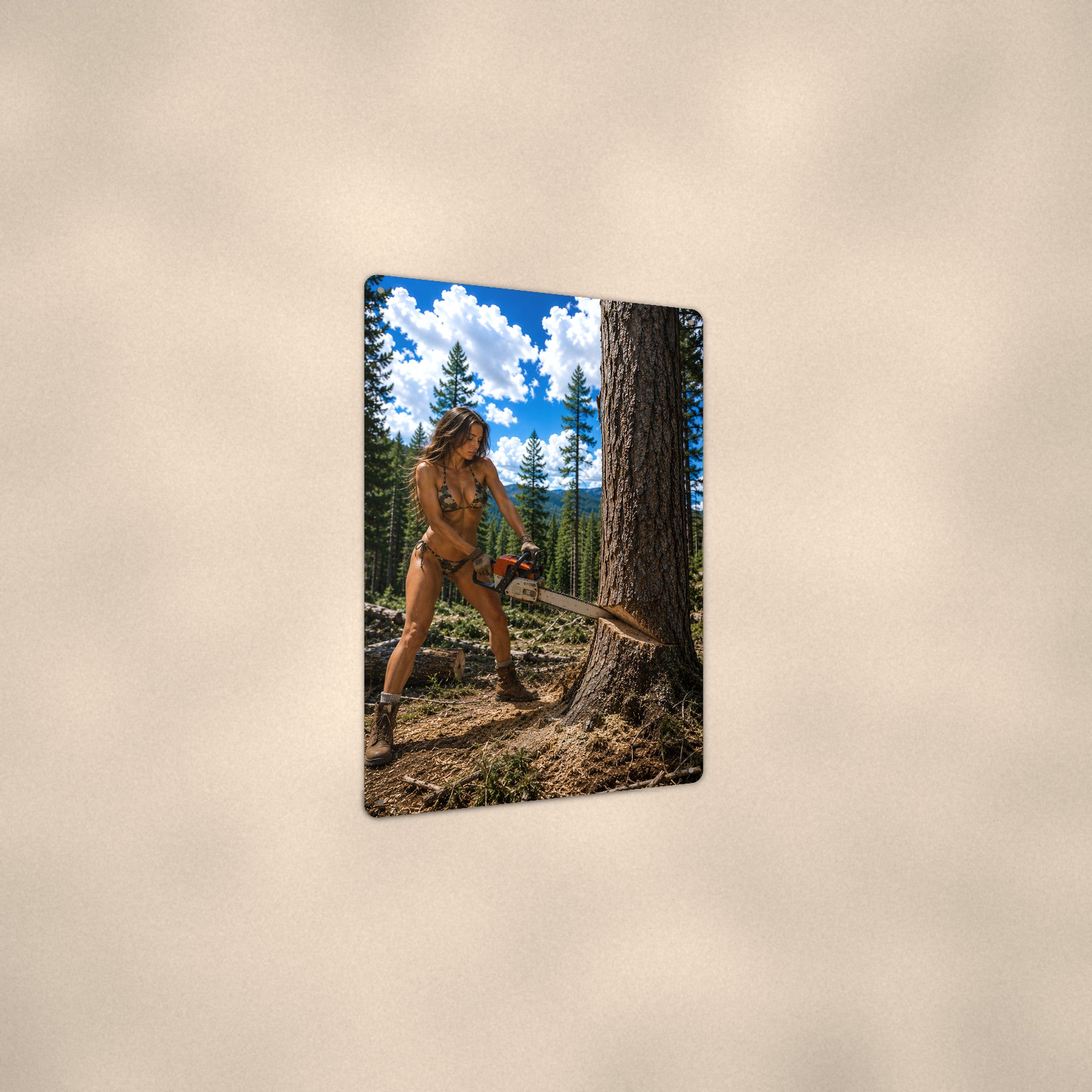 Woodcutter felling a pine in the forest Metal Wall Art, Aluminum Sign, Retro Pinup Wall Decor, Vintage Pin-Up Gift