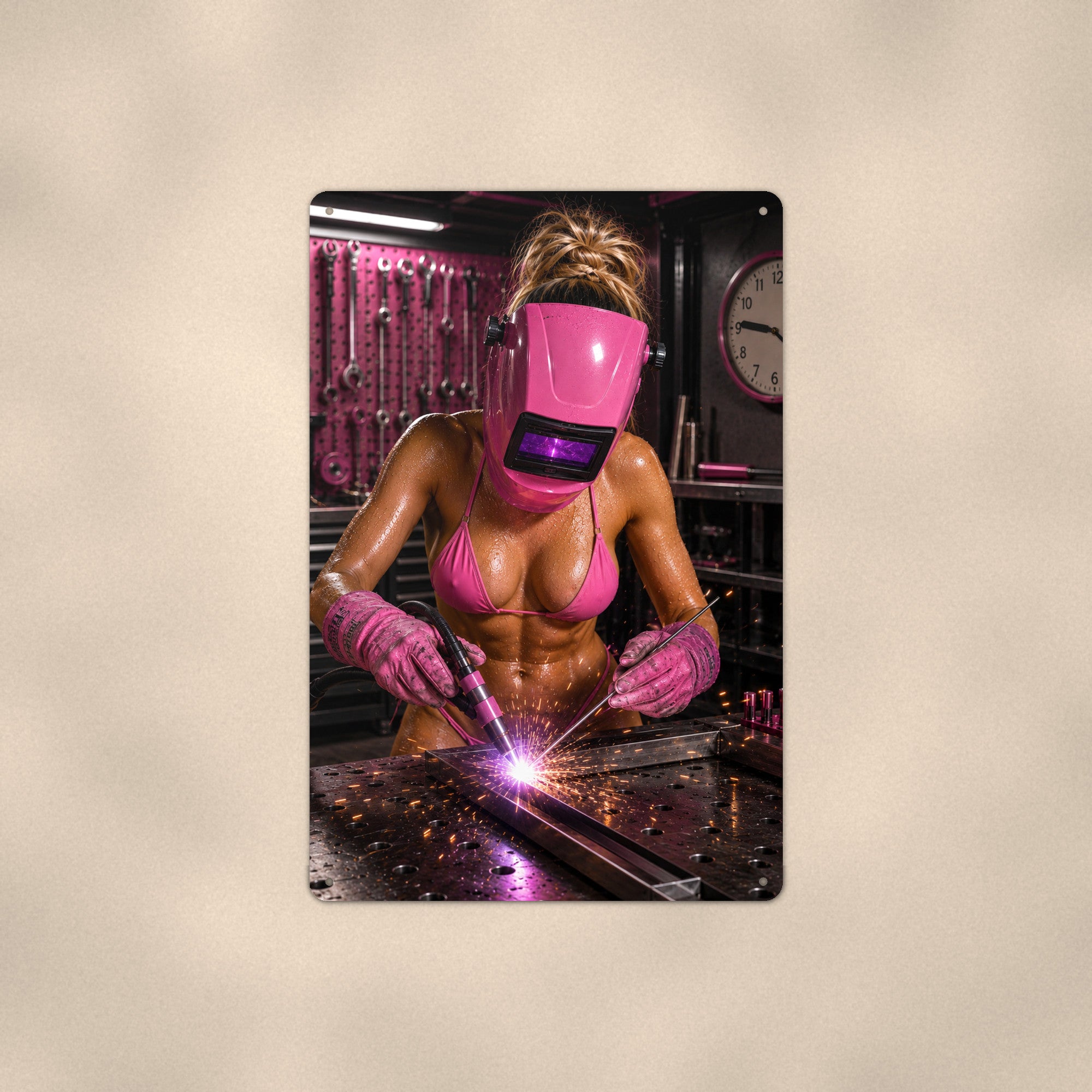 Welder at work in the shop Metal Wall Art, Aluminum Sign, Retro Pinup Wall Decor, Vintage Pin-Up Gift