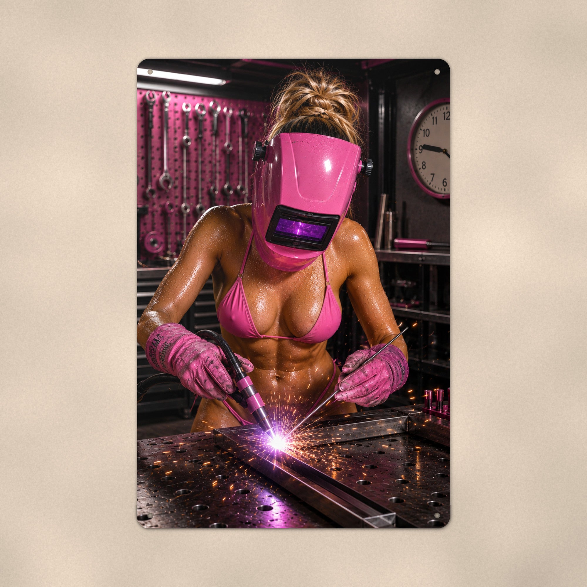 Welder at work in the shop Metal Wall Art, Aluminum Sign, Retro Pinup Wall Decor, Vintage Pin-Up Gift