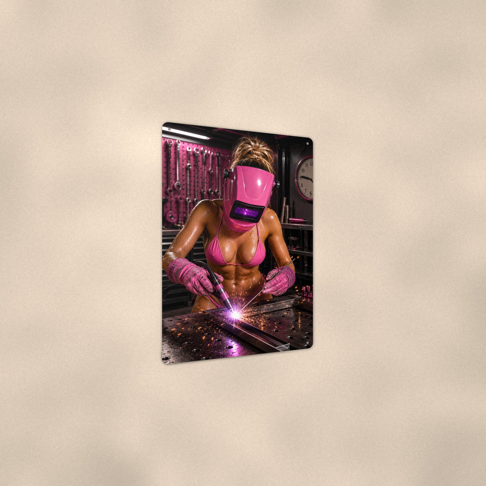 Welder at work in the shop Metal Wall Art, Aluminum Sign, Retro Pinup Wall Decor, Vintage Pin-Up Gift
