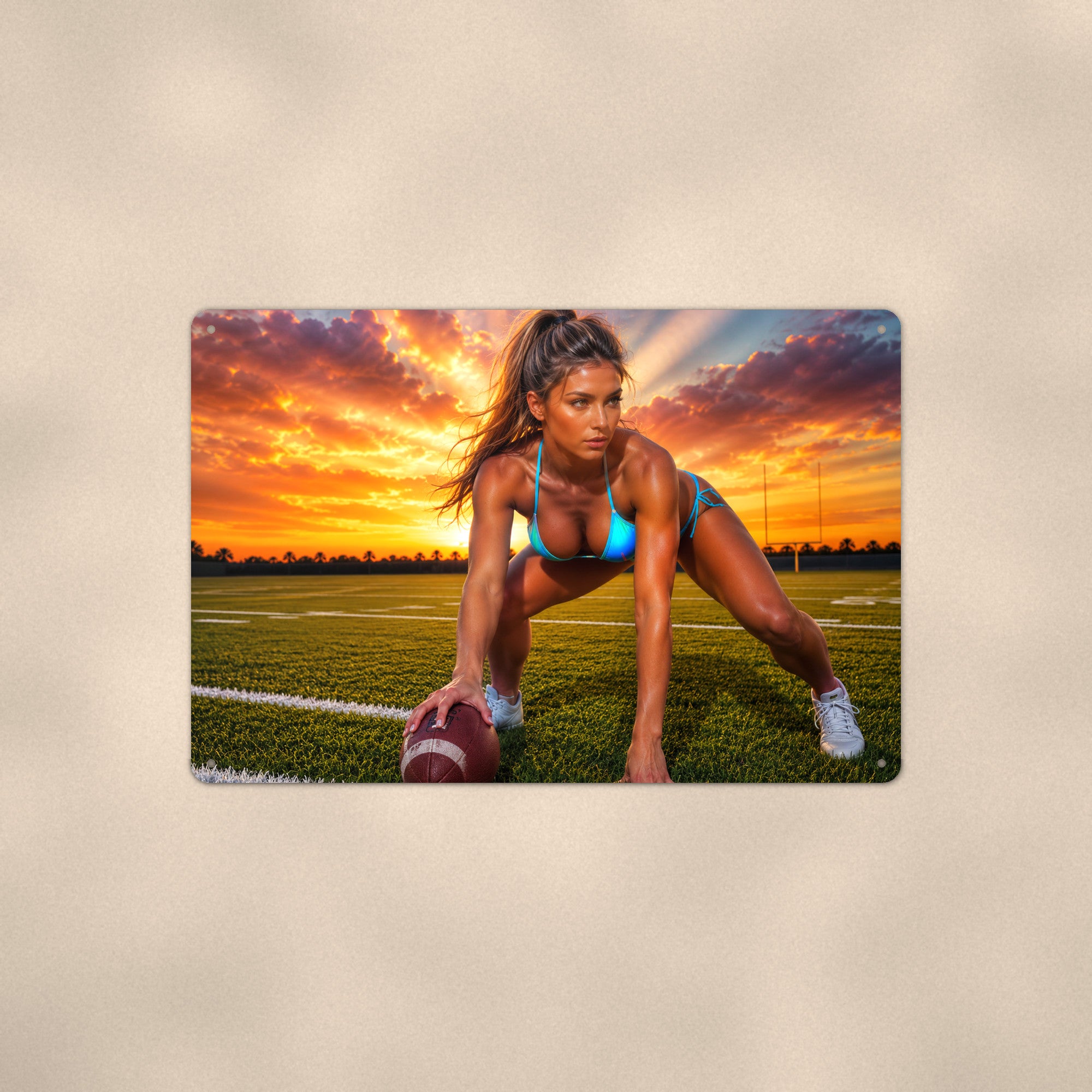 Lineman in a three-point stance at sunset Metal Wall Art, Aluminum Sign, Retro Pinup Wall Decor, Vintage Pin-Up Gift