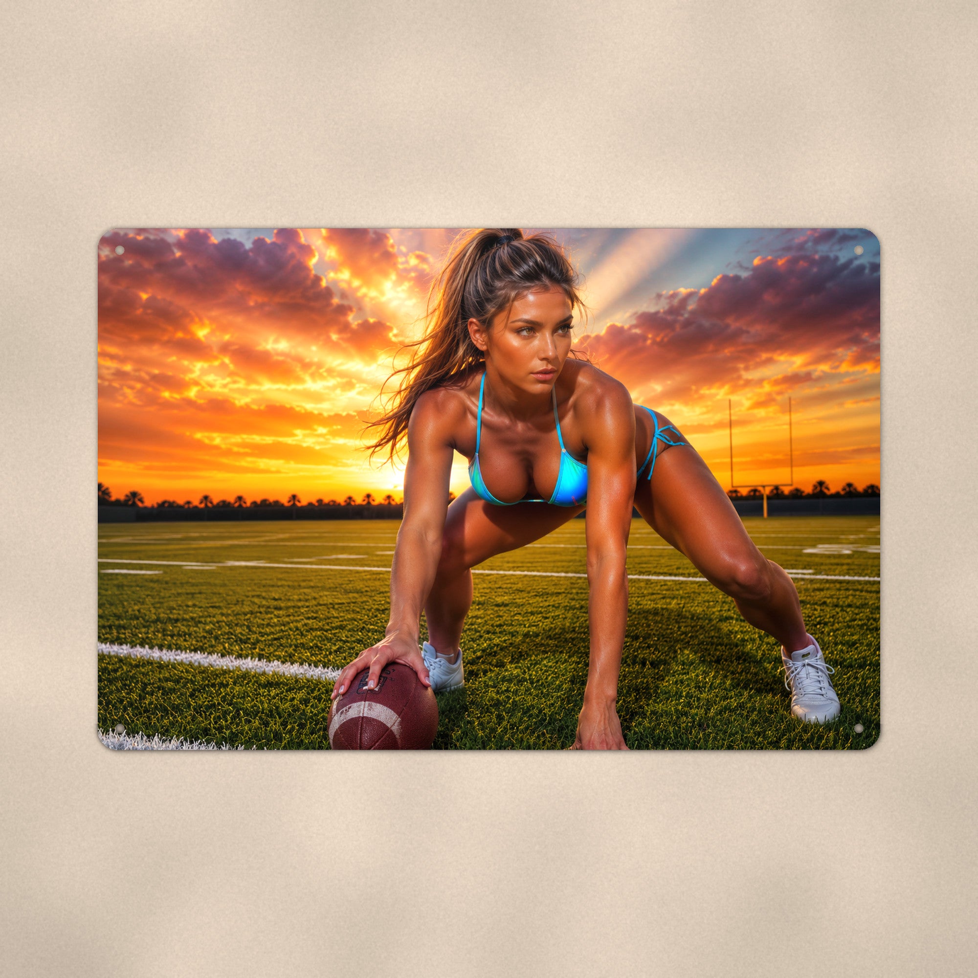 Lineman in a three-point stance at sunset Metal Wall Art, Aluminum Sign, Retro Pinup Wall Decor, Vintage Pin-Up Gift