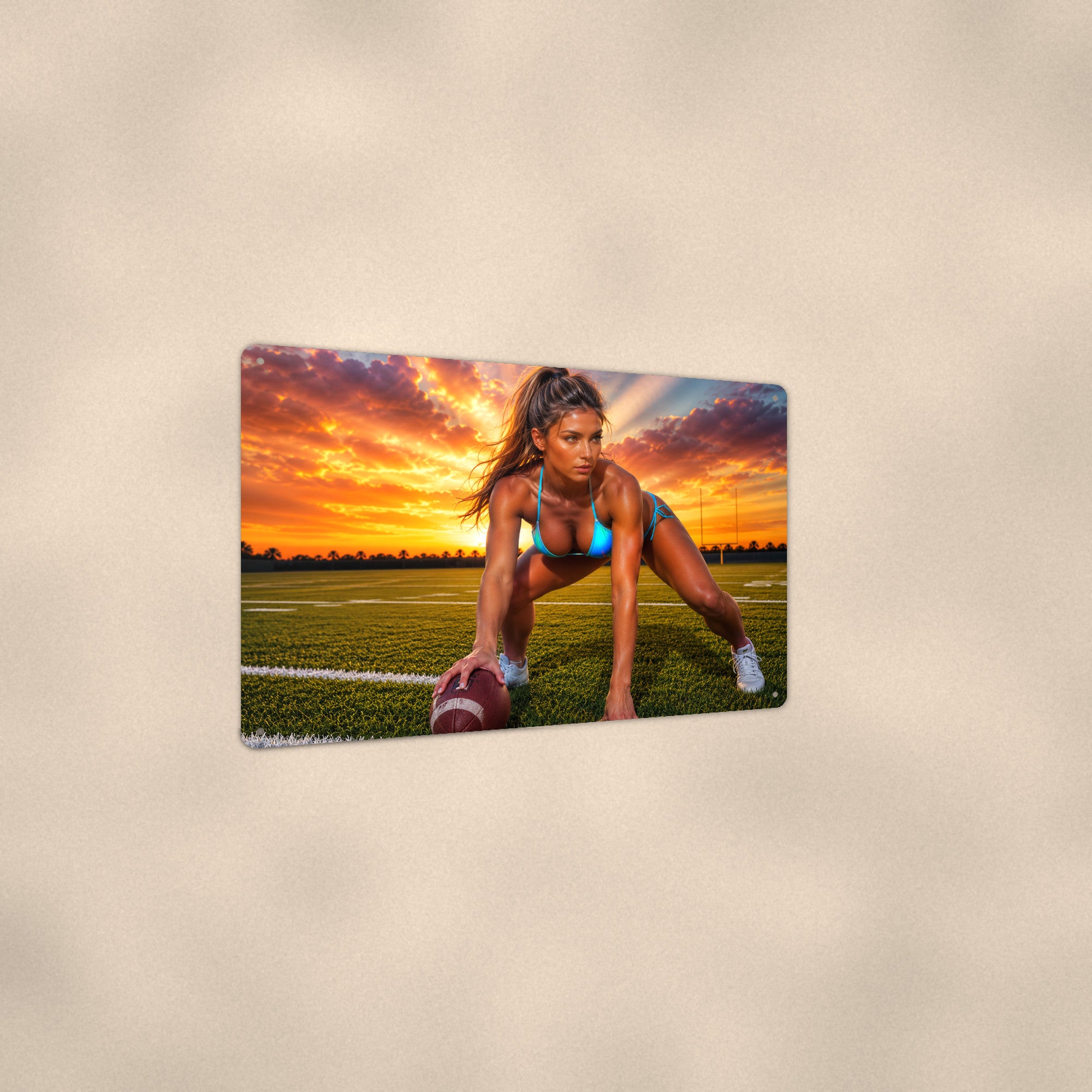 Lineman in a three-point stance at sunset Metal Wall Art, Aluminum Sign, Retro Pinup Wall Decor, Vintage Pin-Up Gift
