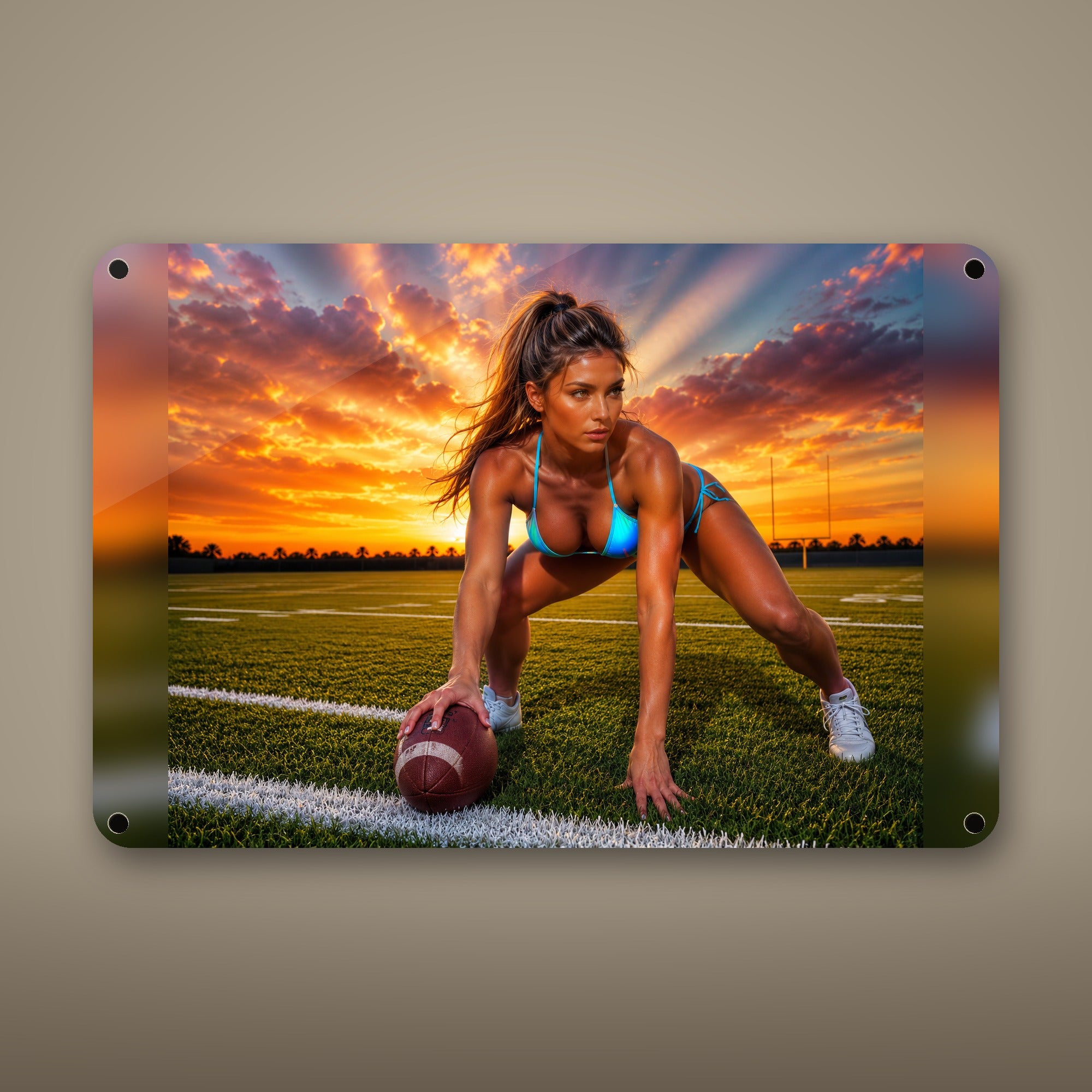 Lineman in a three-point stance at sunset Metal Wall Art, Aluminum Sign, Retro Pinup Wall Decor, Vintage Pin-Up Gift