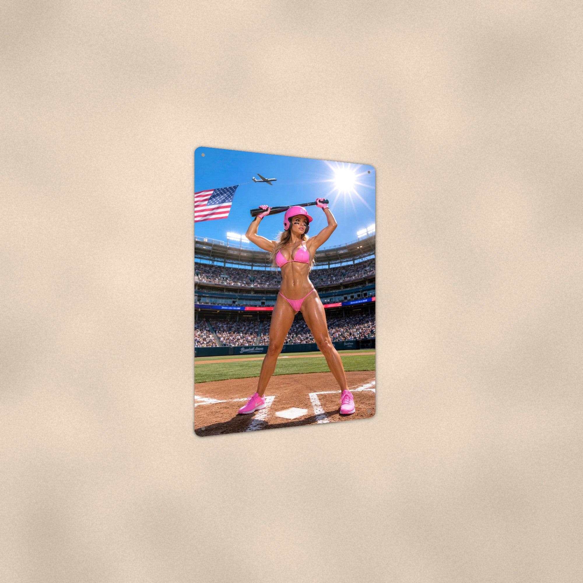 Batter at home plate in a packed stadium, flag overhead Metal Wall Art, Aluminum Sign, Retro Pinup Wall Decor, Vintage Pin-Up Gift