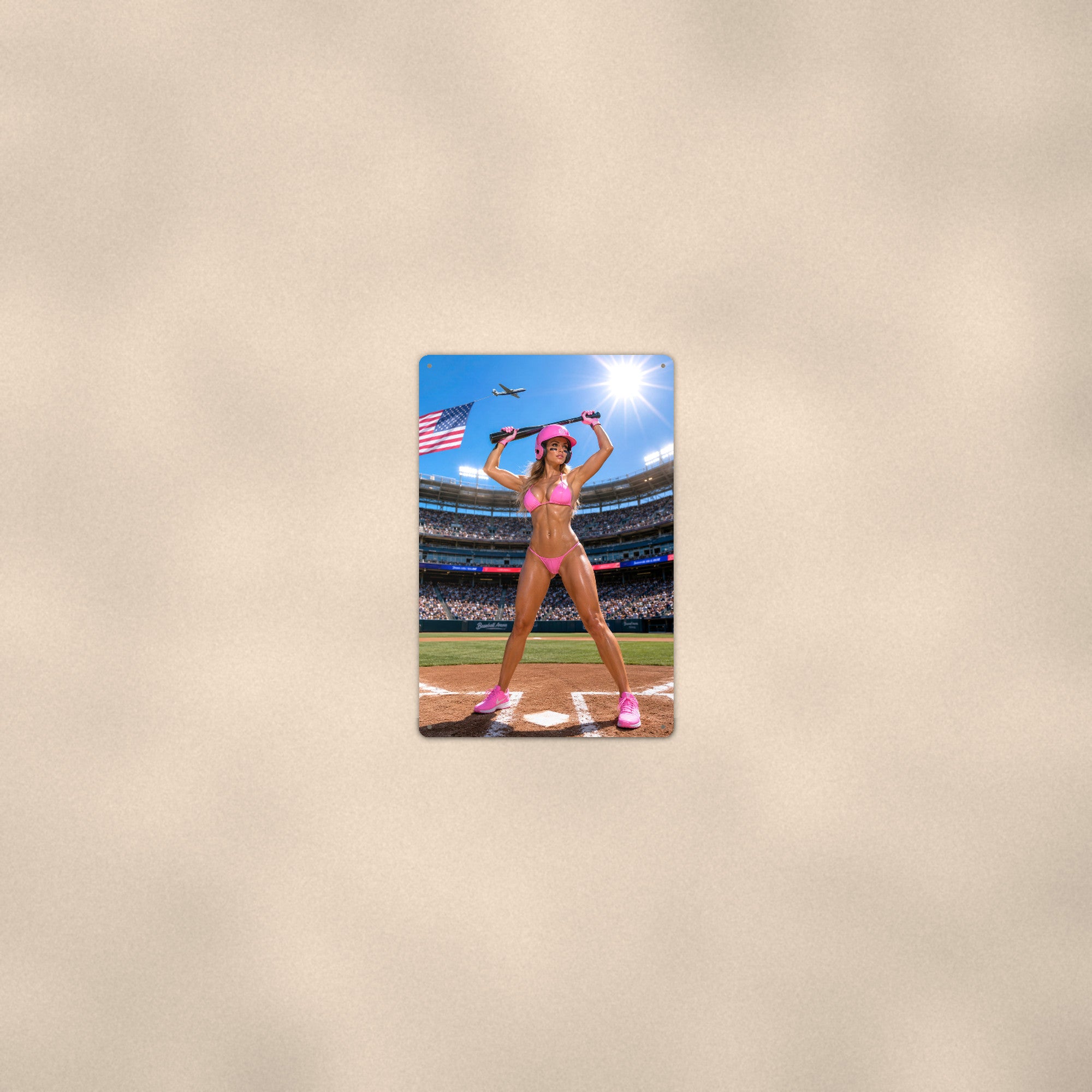 Batter at home plate in a packed stadium, flag overhead Metal Wall Art, Aluminum Sign, Retro Pinup Wall Decor, Vintage Pin-Up Gift