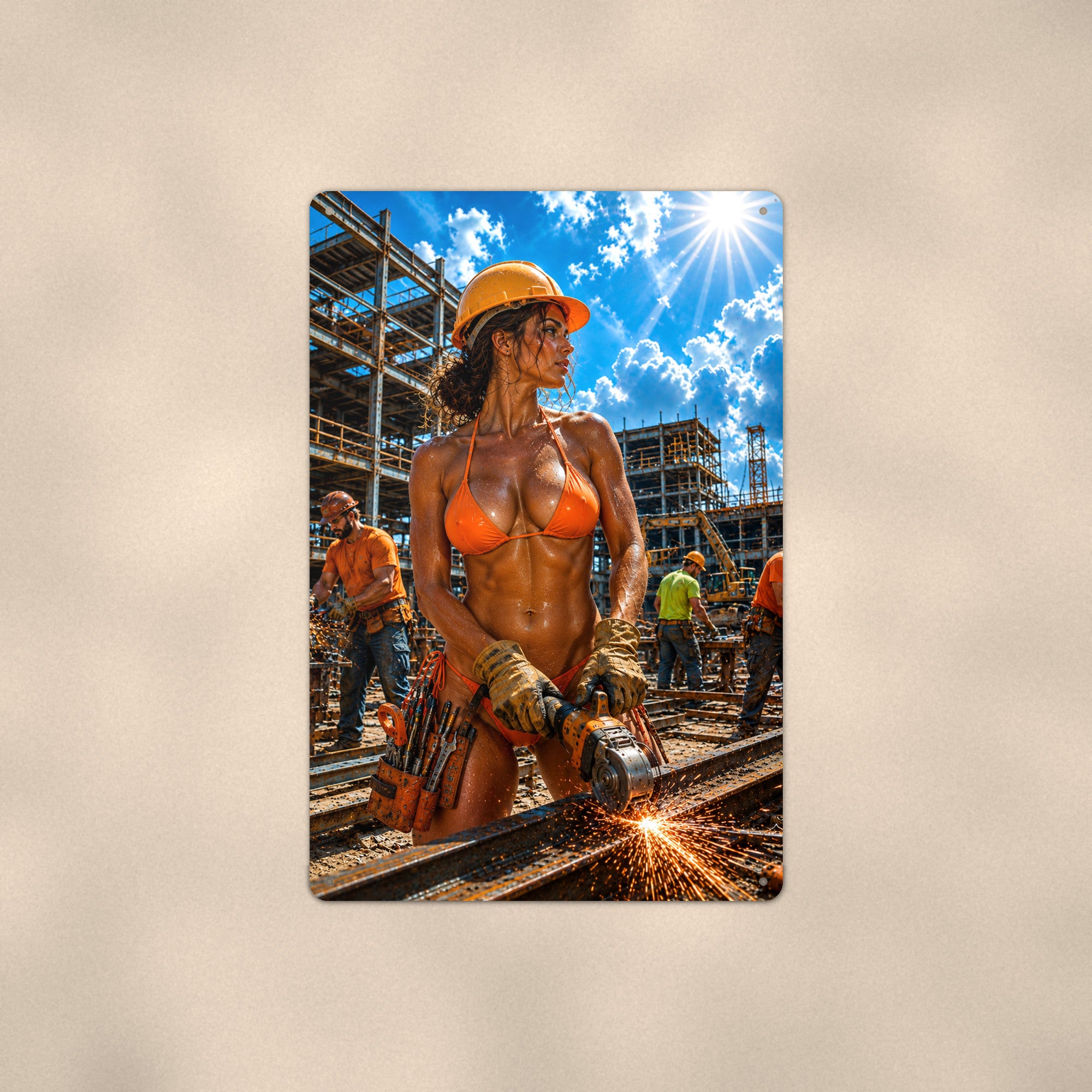 Grinder operator on a busy build crew Metal Wall Art, Aluminum Sign, Retro Pinup Wall Decor, Vintage Pin-Up Gift