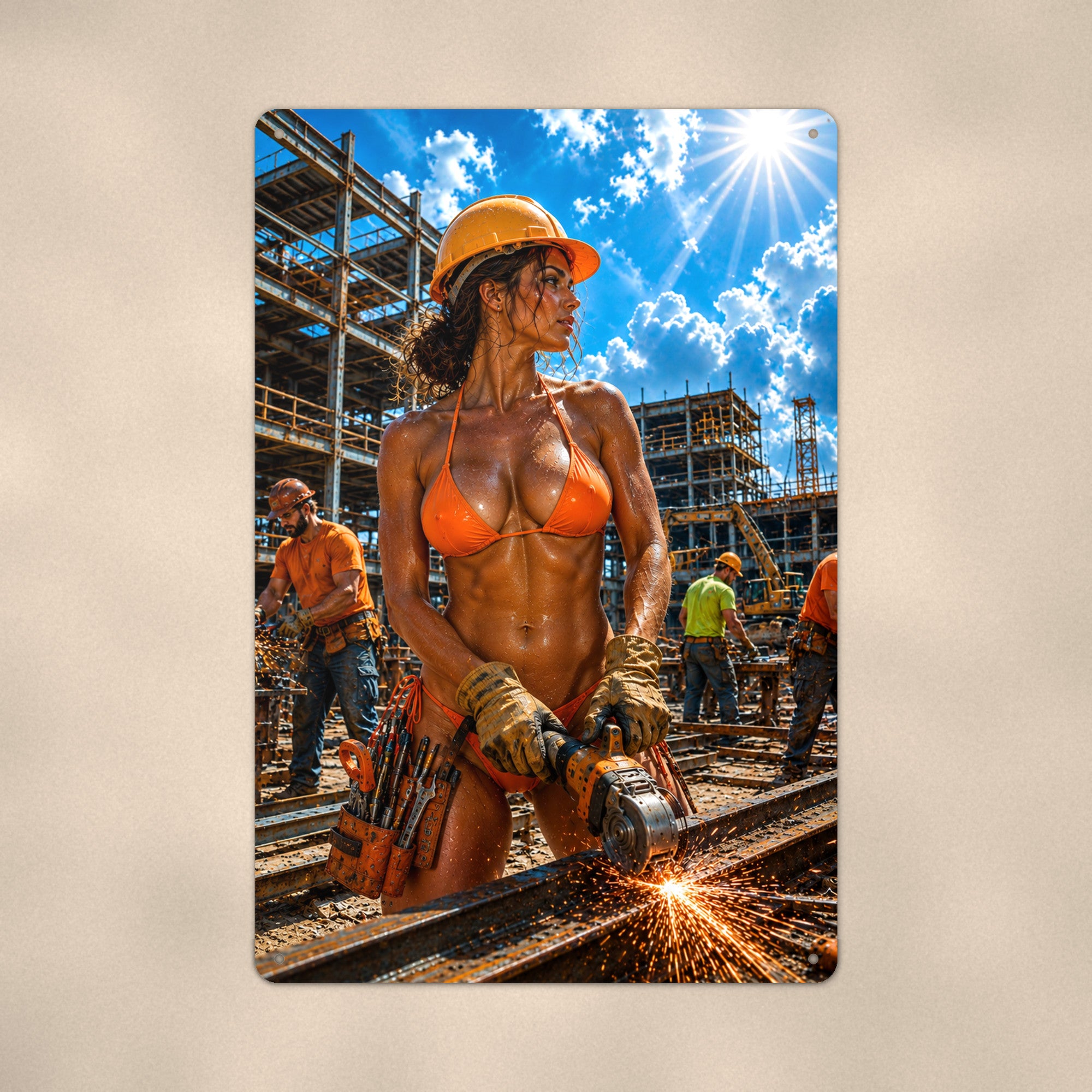 Grinder operator on a busy build crew Metal Wall Art, Aluminum Sign, Retro Pinup Wall Decor, Vintage Pin-Up Gift