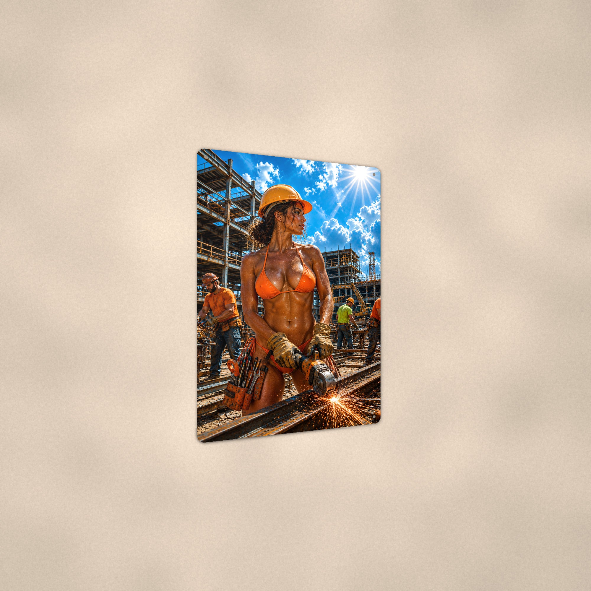 Grinder operator on a busy build crew Metal Wall Art, Aluminum Sign, Retro Pinup Wall Decor, Vintage Pin-Up Gift