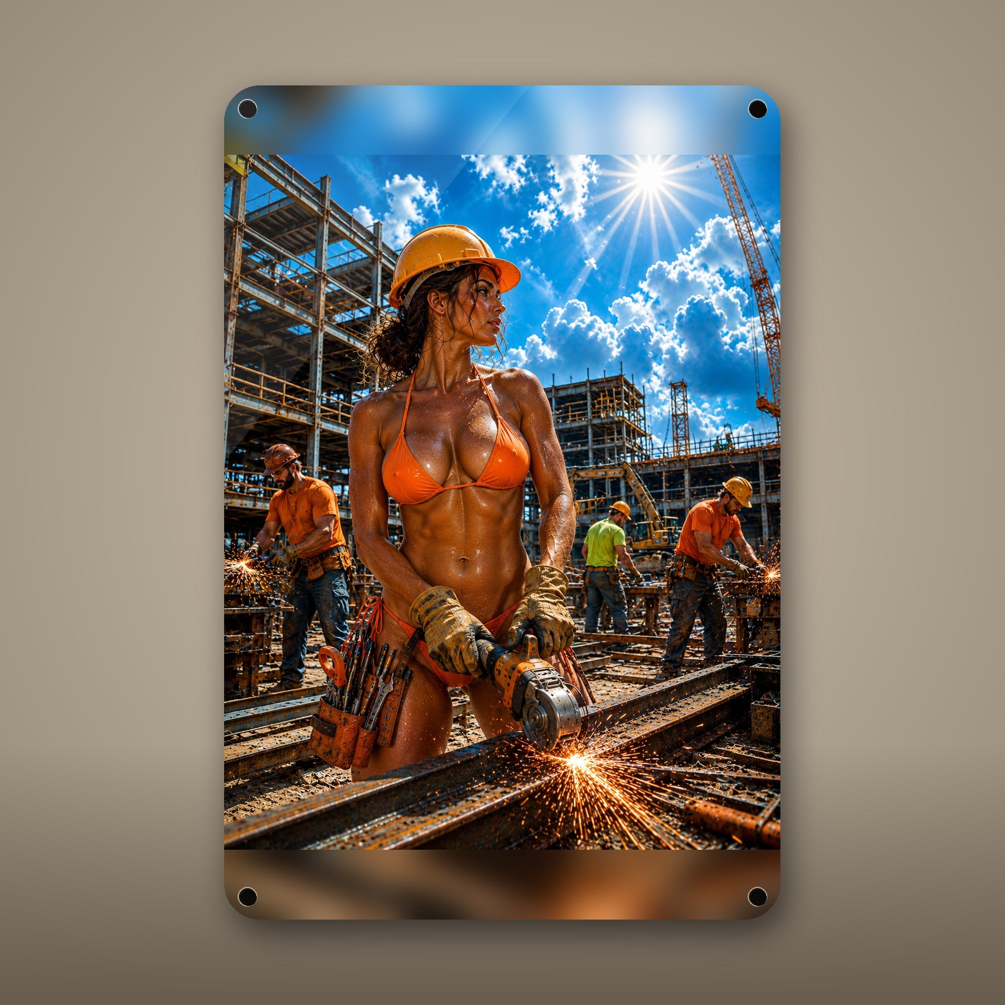 Grinder operator on a busy build crew Metal Wall Art, Aluminum Sign, Retro Pinup Wall Decor, Vintage Pin-Up Gift
