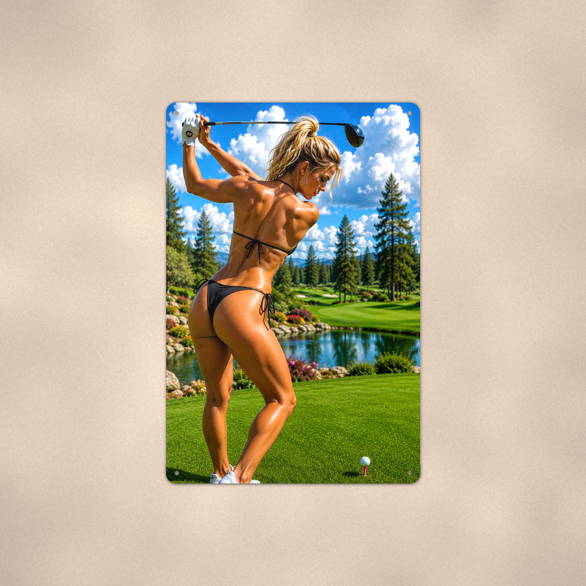 Golfer following through beside the pond Metal Wall Art, Aluminum Sign, Retro Pinup Wall Decor, Vintage Pin-Up Gift