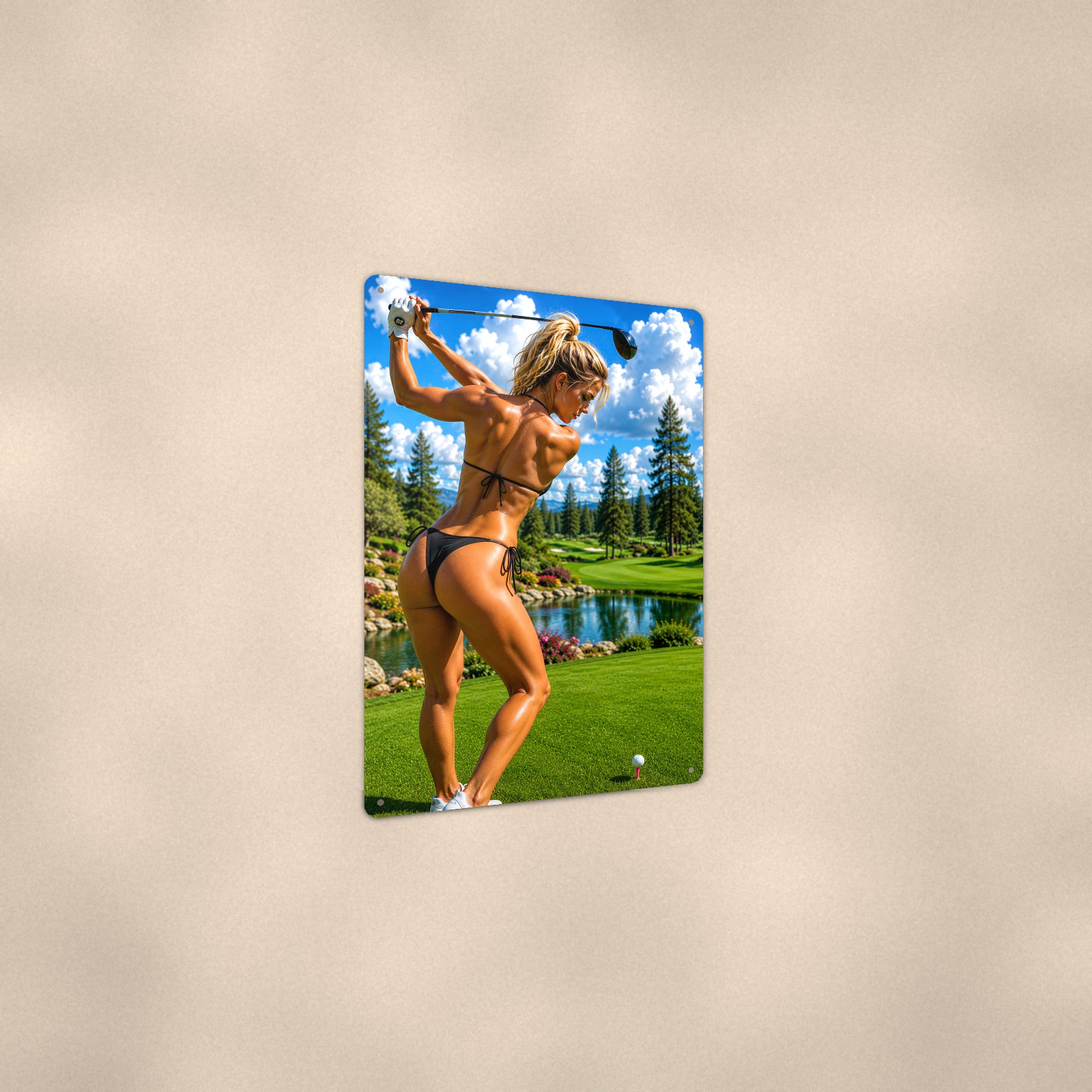 Golfer following through beside the pond Metal Wall Art, Aluminum Sign, Retro Pinup Wall Decor, Vintage Pin-Up Gift