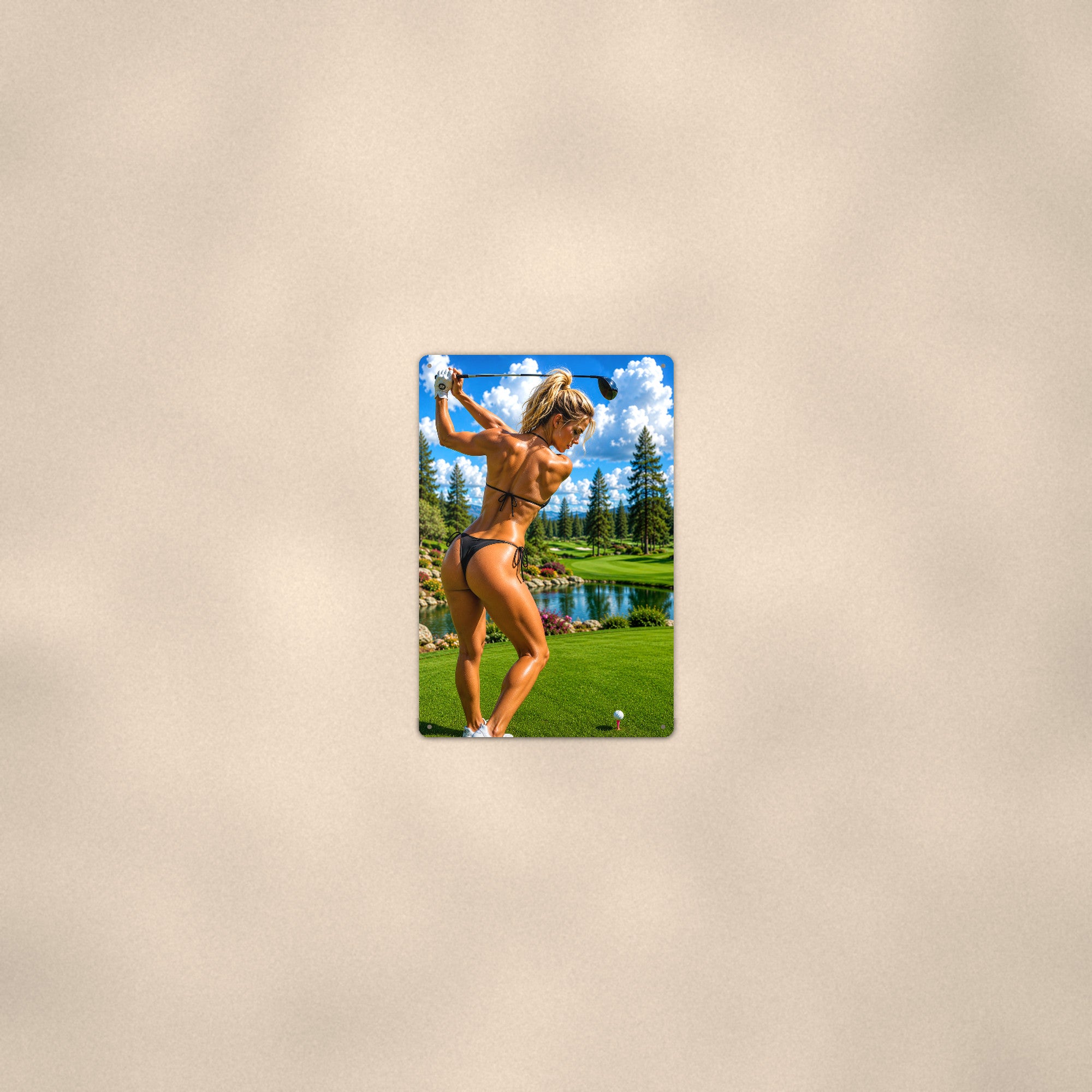 Golfer following through beside the pond Metal Wall Art, Aluminum Sign, Retro Pinup Wall Decor, Vintage Pin-Up Gift