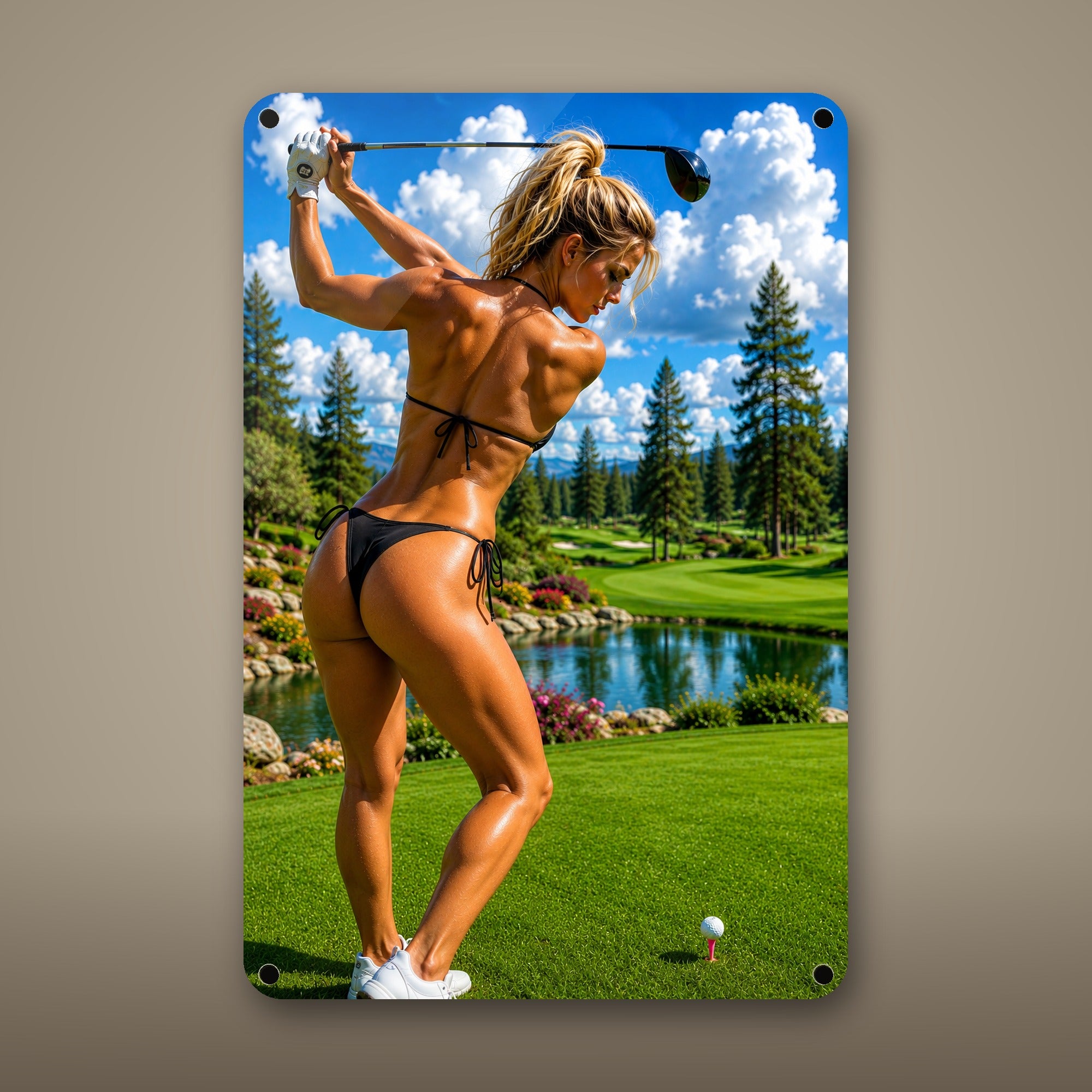 Golfer following through beside the pond Metal Wall Art, Aluminum Sign, Retro Pinup Wall Decor, Vintage Pin-Up Gift