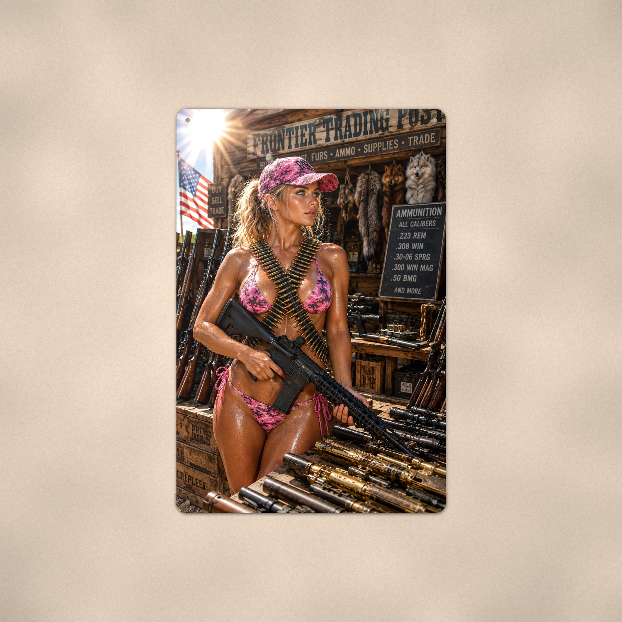 Trading-post shopper with an ammo belt Metal Wall Art, Aluminum Sign, Retro Pinup Wall Decor, Vintage Pin-Up Gift
