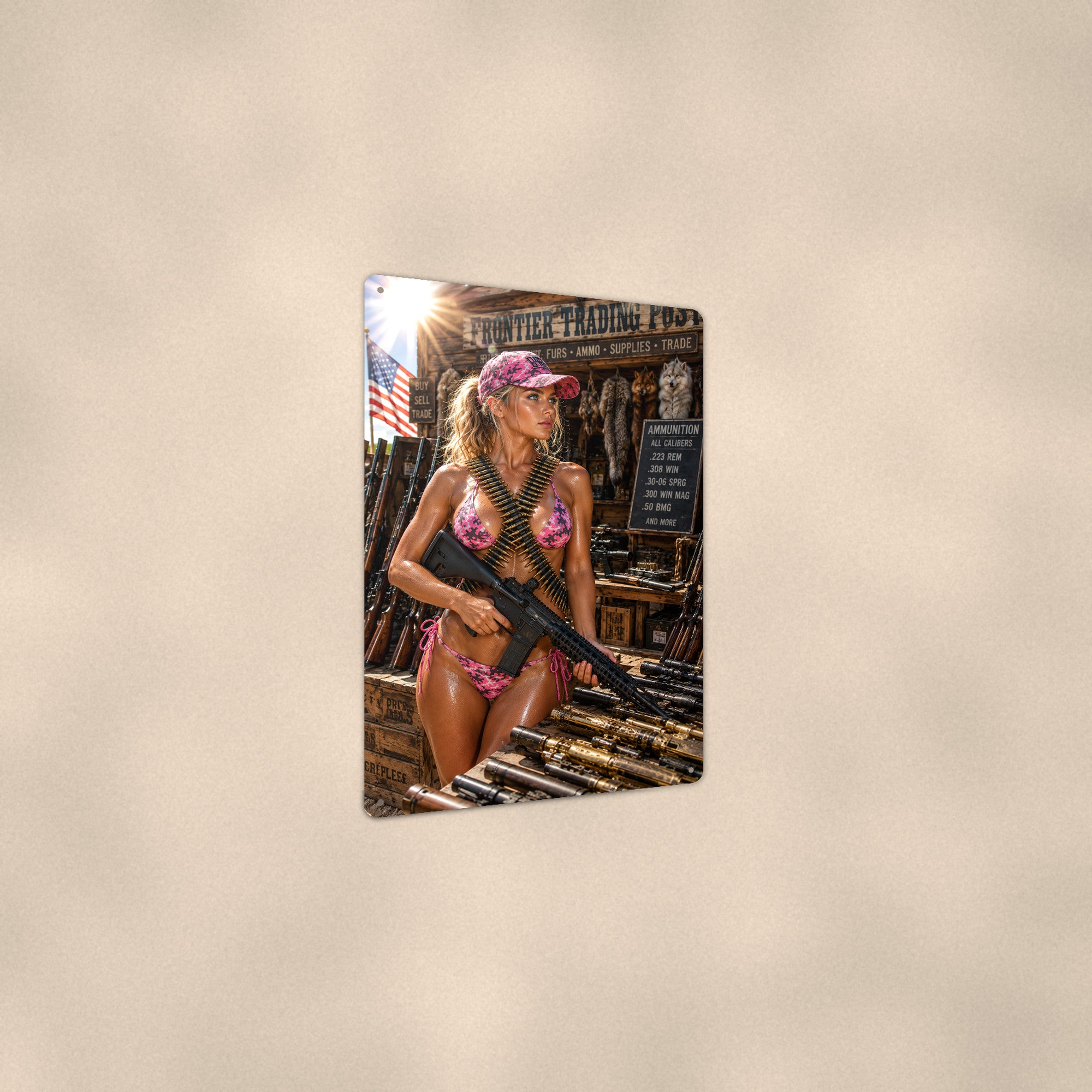 Trading-post shopper with an ammo belt Metal Wall Art, Aluminum Sign, Retro Pinup Wall Decor, Vintage Pin-Up Gift