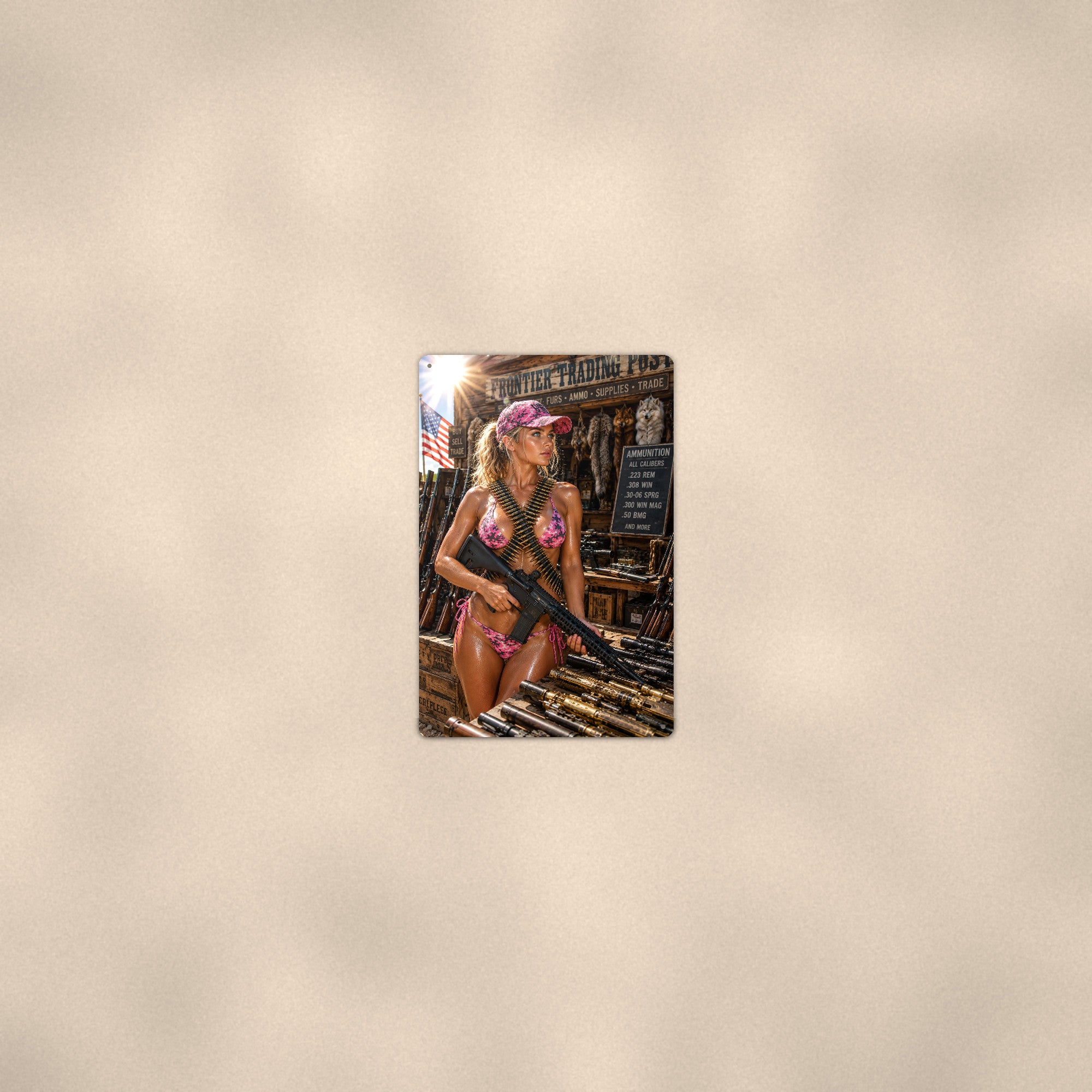 Trading-post shopper with an ammo belt Metal Wall Art, Aluminum Sign, Retro Pinup Wall Decor, Vintage Pin-Up Gift