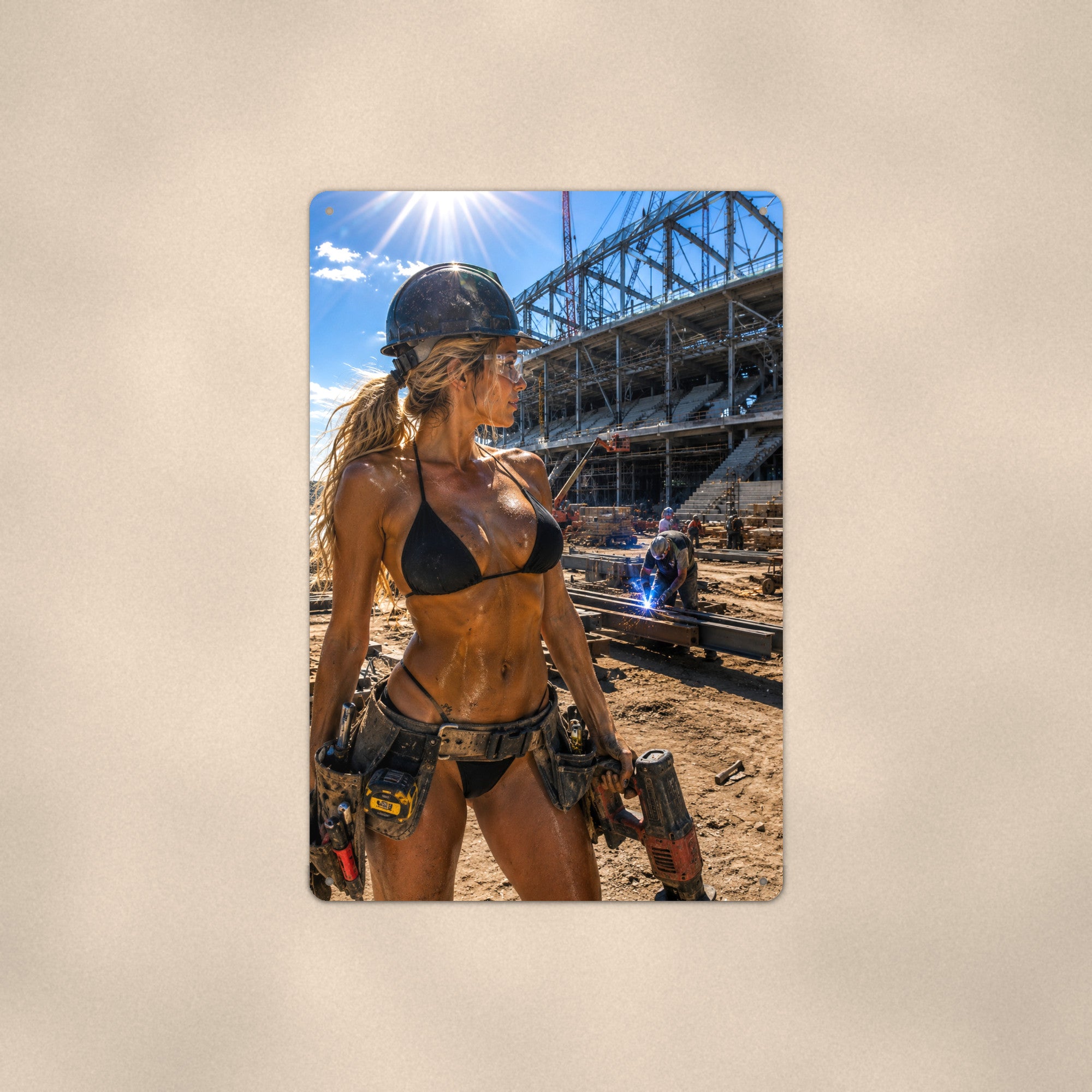 Tool-belt worker at a stadium build site Metal Wall Art, Aluminum Sign, Retro Pinup Wall Decor, Vintage Pin-Up Gift